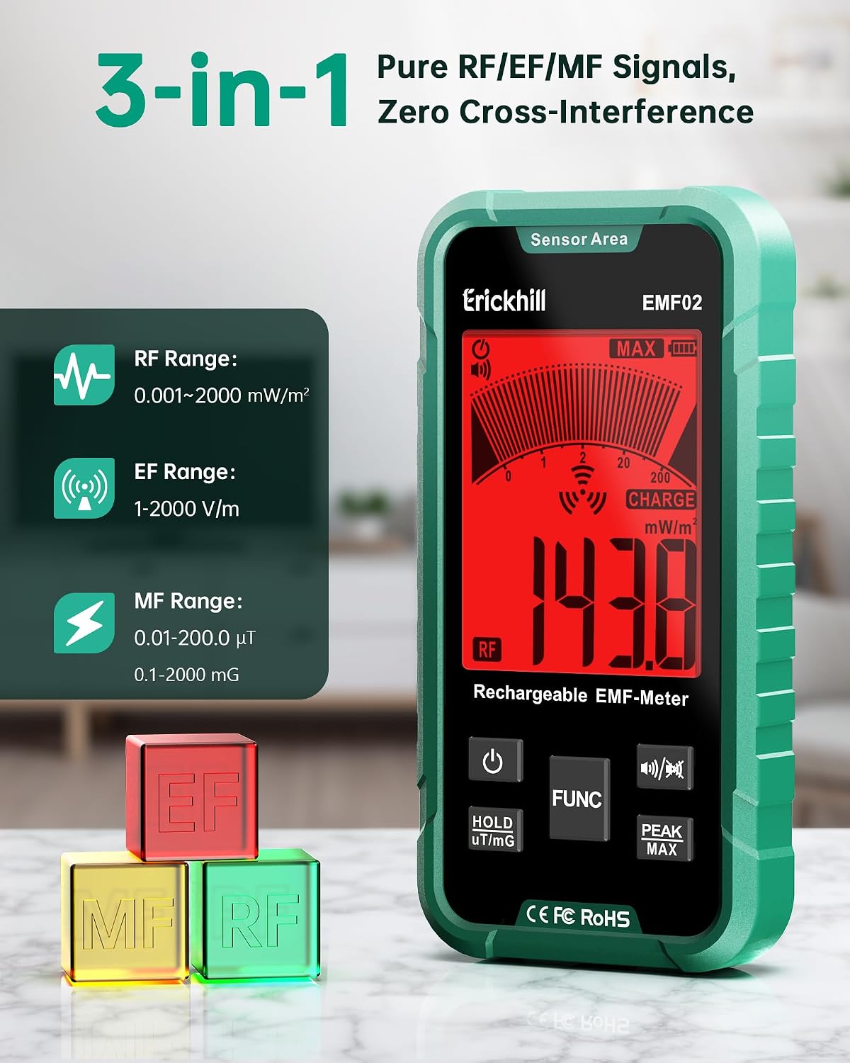 Detalle 2 de ERICKHILL EMF Meter: 3-in-1 Portable EMF Reader for EF, MF & RF