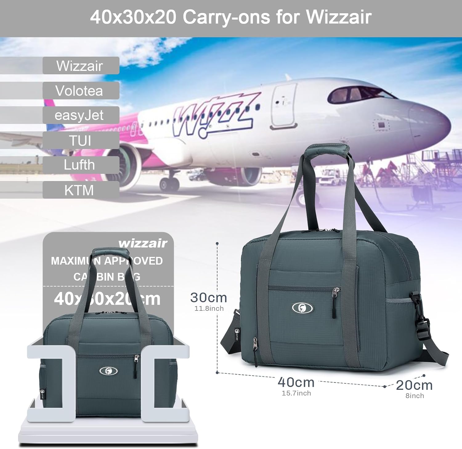 Detalle de BAGZY Wizz Air Cabin Bags 40x30x20 – Underseat Foldable 25L Travel Duffel