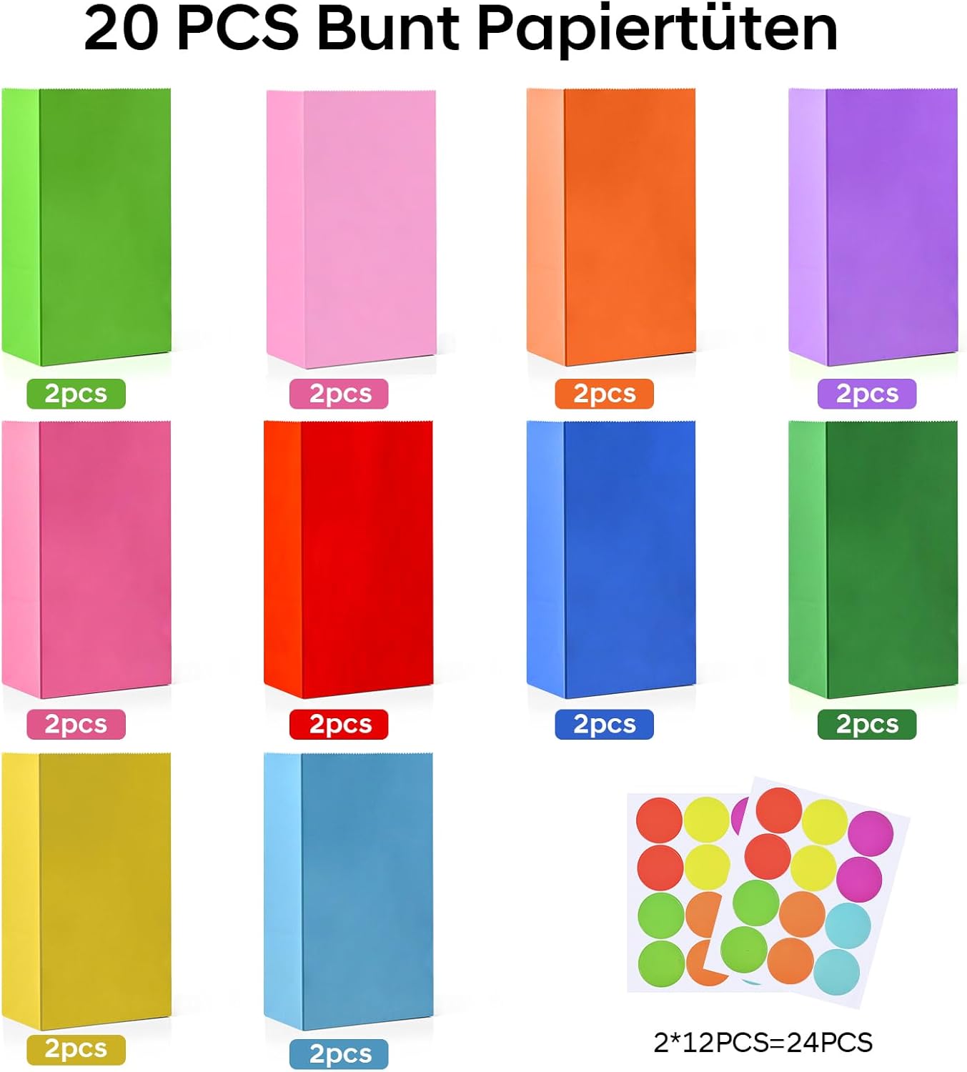 Thumbnail 1 de HAMOHTE Papiertüten Bunt – 20 bunte Kraftpapier-Geschenktüten mit 60 Aufklebern (13 × 8 × 24 cm)