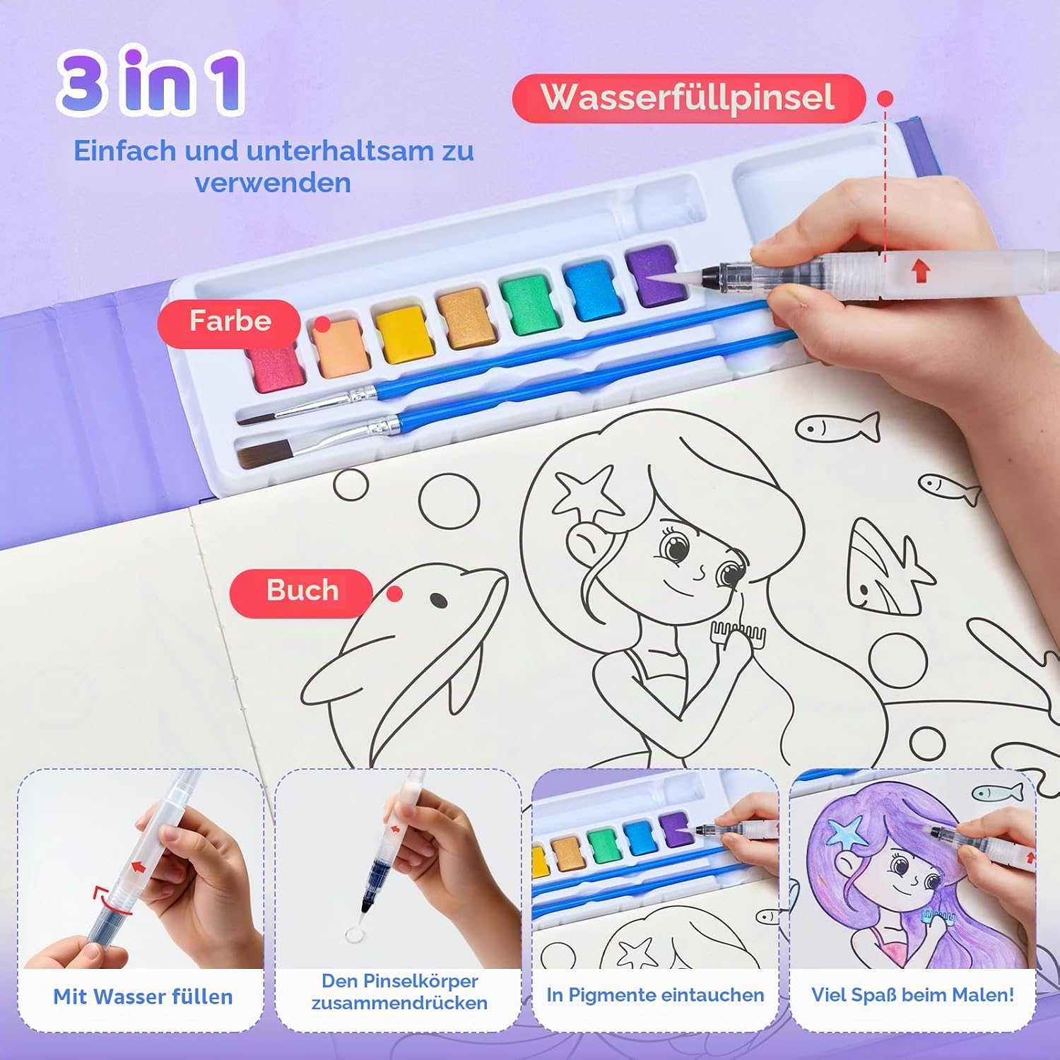Thumbnail 6 de JoyCat Malbuch mit Wasserfarben für Kleinkinder ab 3–8 Jahren (Lila) – 3-in-1 Aquarellset mit 20 Unterwasserwelt-Seiten