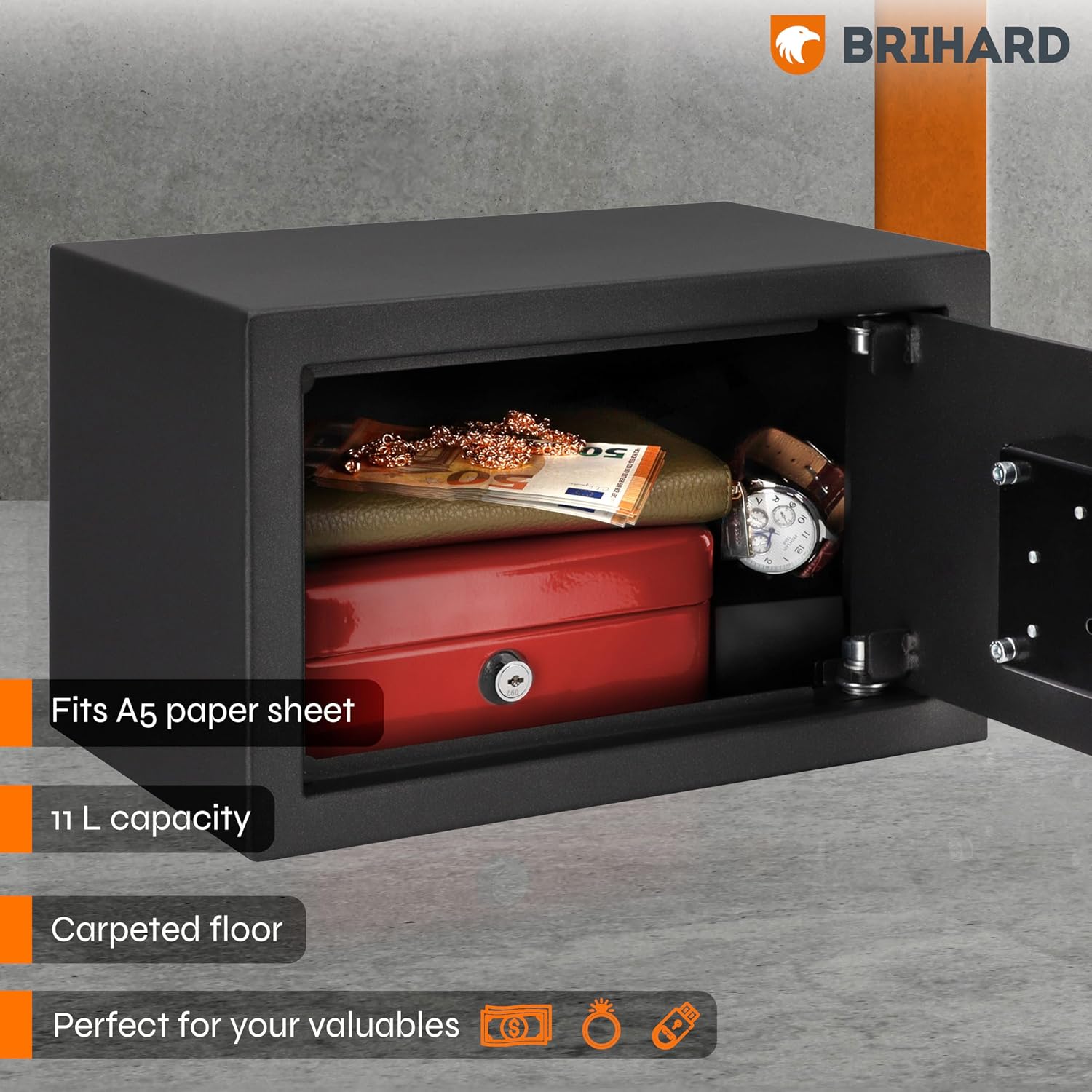 Detalle 2 de Brihard Home Key Lock Safe 20x31x20 cm – 11 L Small Jewellery & Money Safe