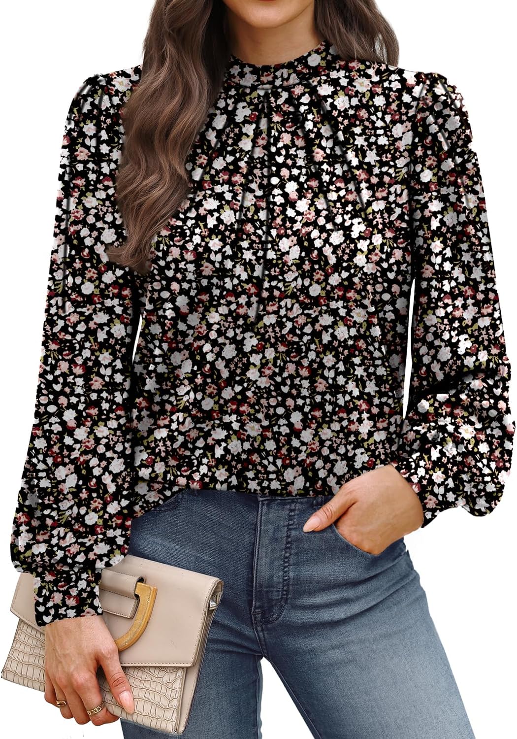 Thumbnail 3 de WIHOLL long sleeve mock neck pleated blouse for women – business loose fit top