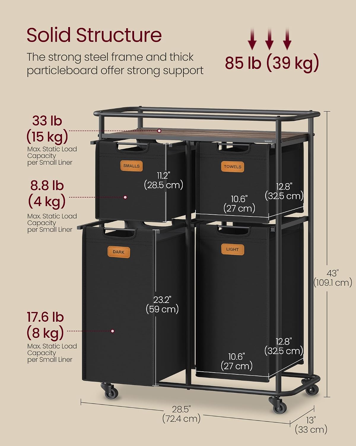 Detalle de VASAGLE STEVIE RLS100B01 150 L Laundry Hamper with 4 Bags and Shelf