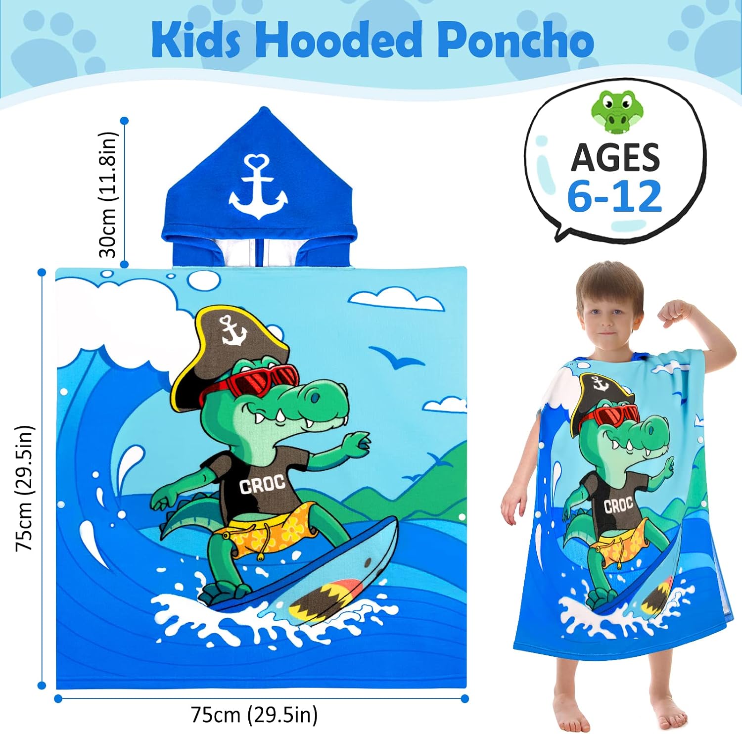 Detalle de BTNEEU Poncho de Bain Enfant avec Capuche: Serviette de Plage absorbante et séchage rapide pour enfants 6–12 ans