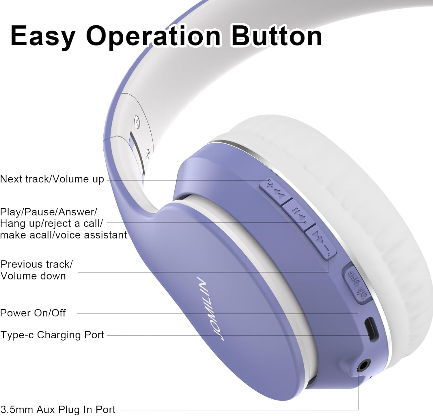 Thumbnail 5 de JOMILIN B9 Wireless Headphones Over-Ear — 60-Hour Battery, Hi-Fi Bass, Purple