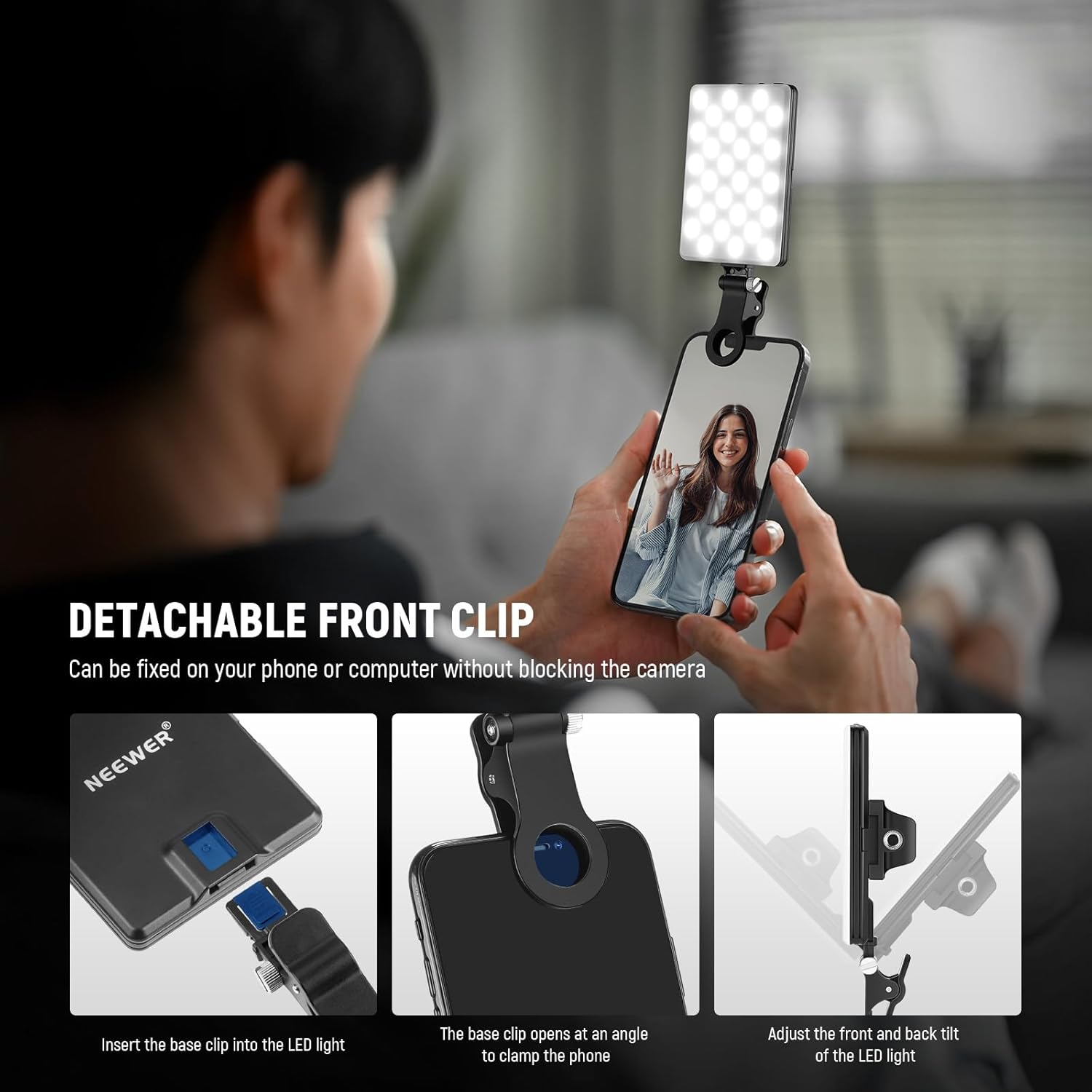 Thumbnail 6 de NEEWER Selfie Light LED pour smartphone : lampe vidéo LED rechargeable 3 modes avec luminosité réglable