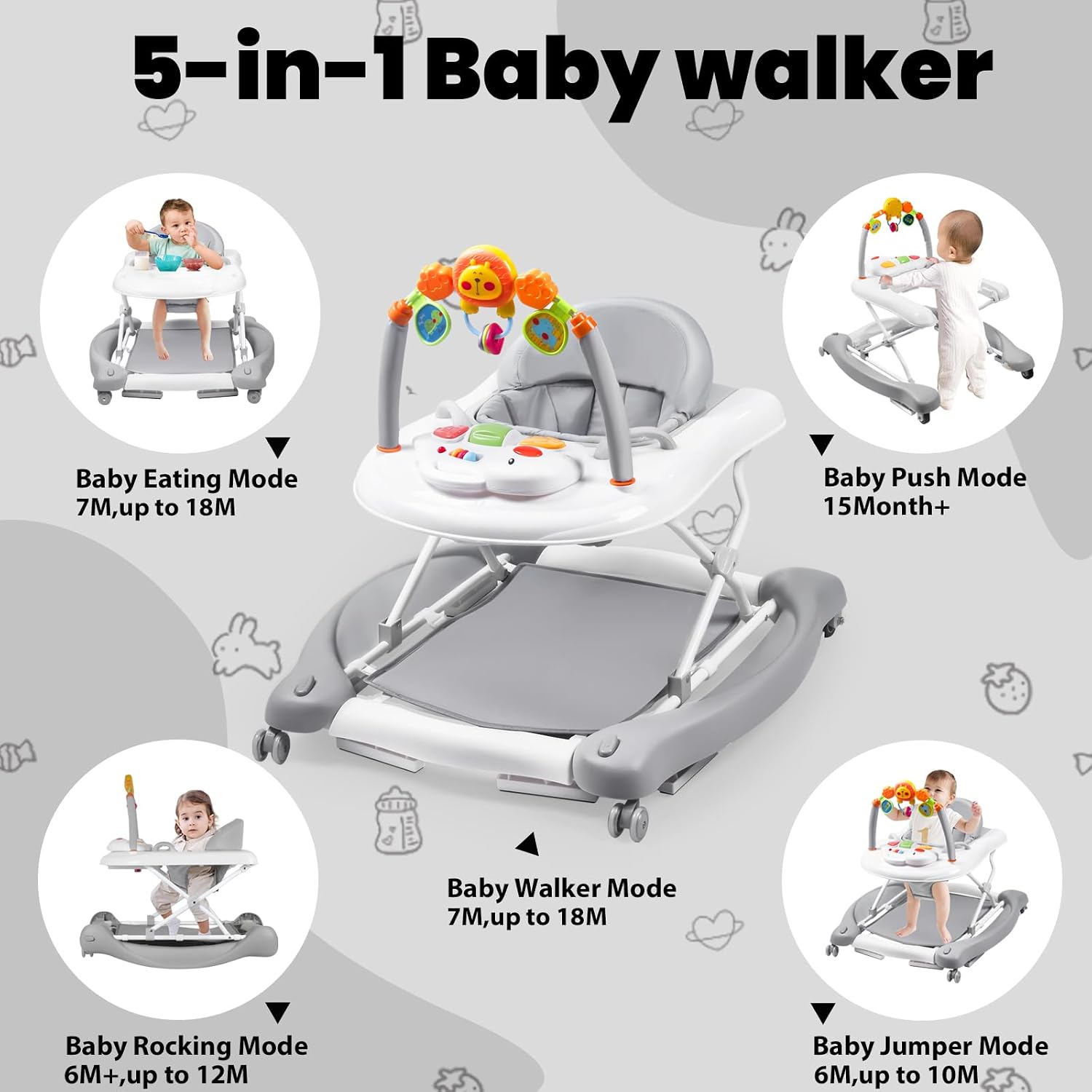 Detalle 2 de Boyro 5-in-1 Baby Walker: 6–18 Months, 3-Position Height, Foldable with Music and Toys