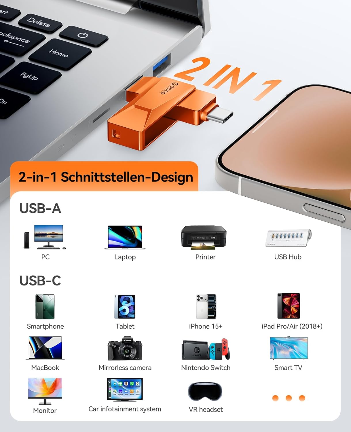 Thumbnail 4 de ORICO USB Stick 128GB CB05 – Dual USB-C/USB-A, USB 3.2 Gen1, 150 MB/s, Zinkgehäuse, 360° Drehverschluss, Orange