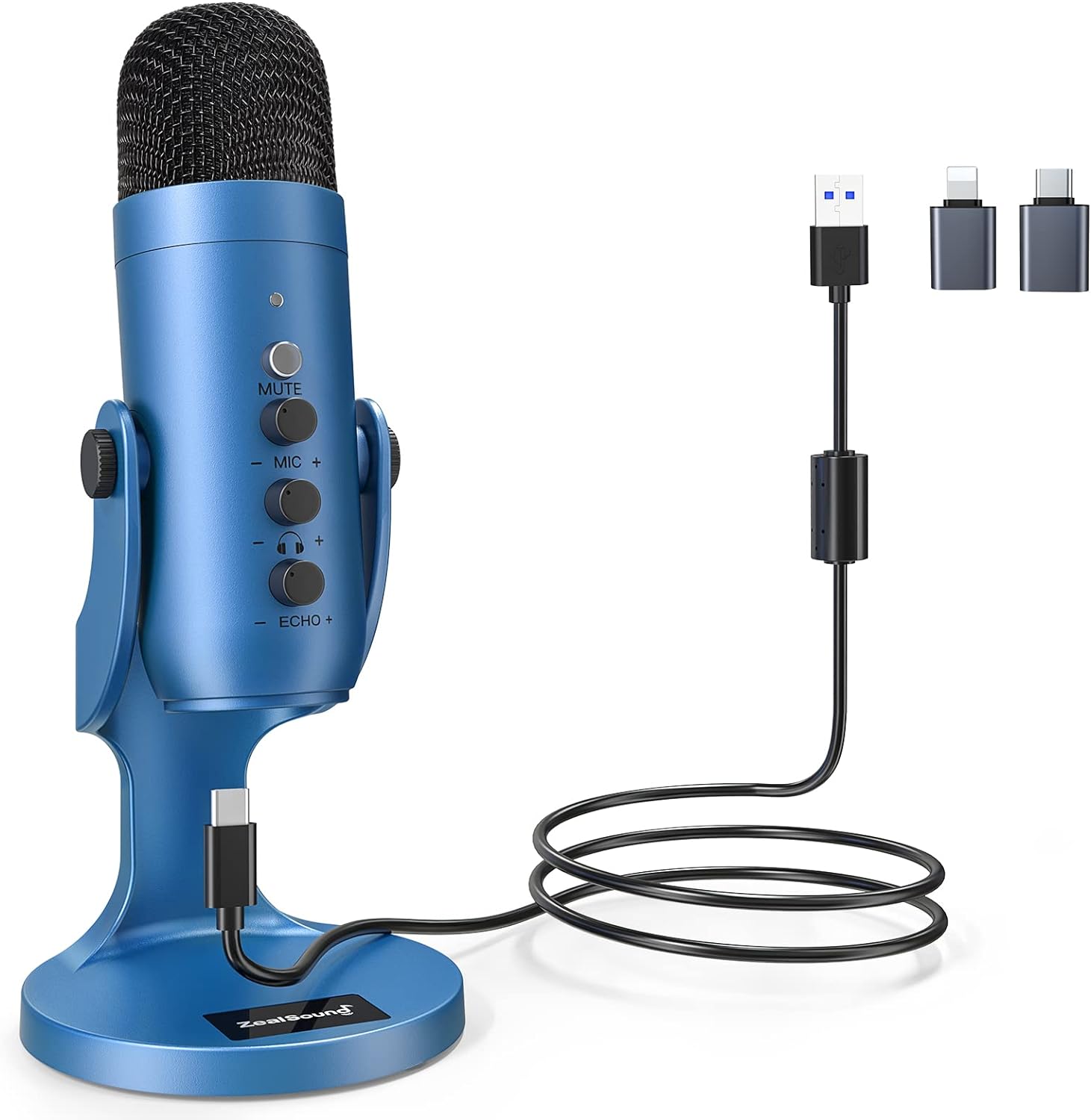 Detalle de ZealSound K66 USB Kondensator Mikrofon – Blau, Plug & Play, Rauschunterdrückung, Gain & Echo