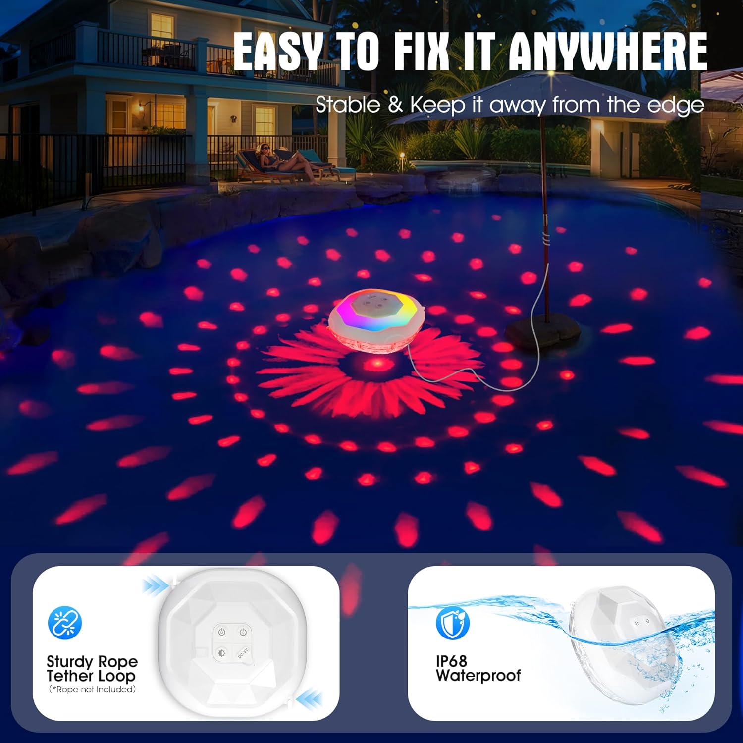 Detalle de DeeprBetter Lumière Piscine Flottante avec Télécommande – Pack 2, Éclairage LED Sans Fil IP68
