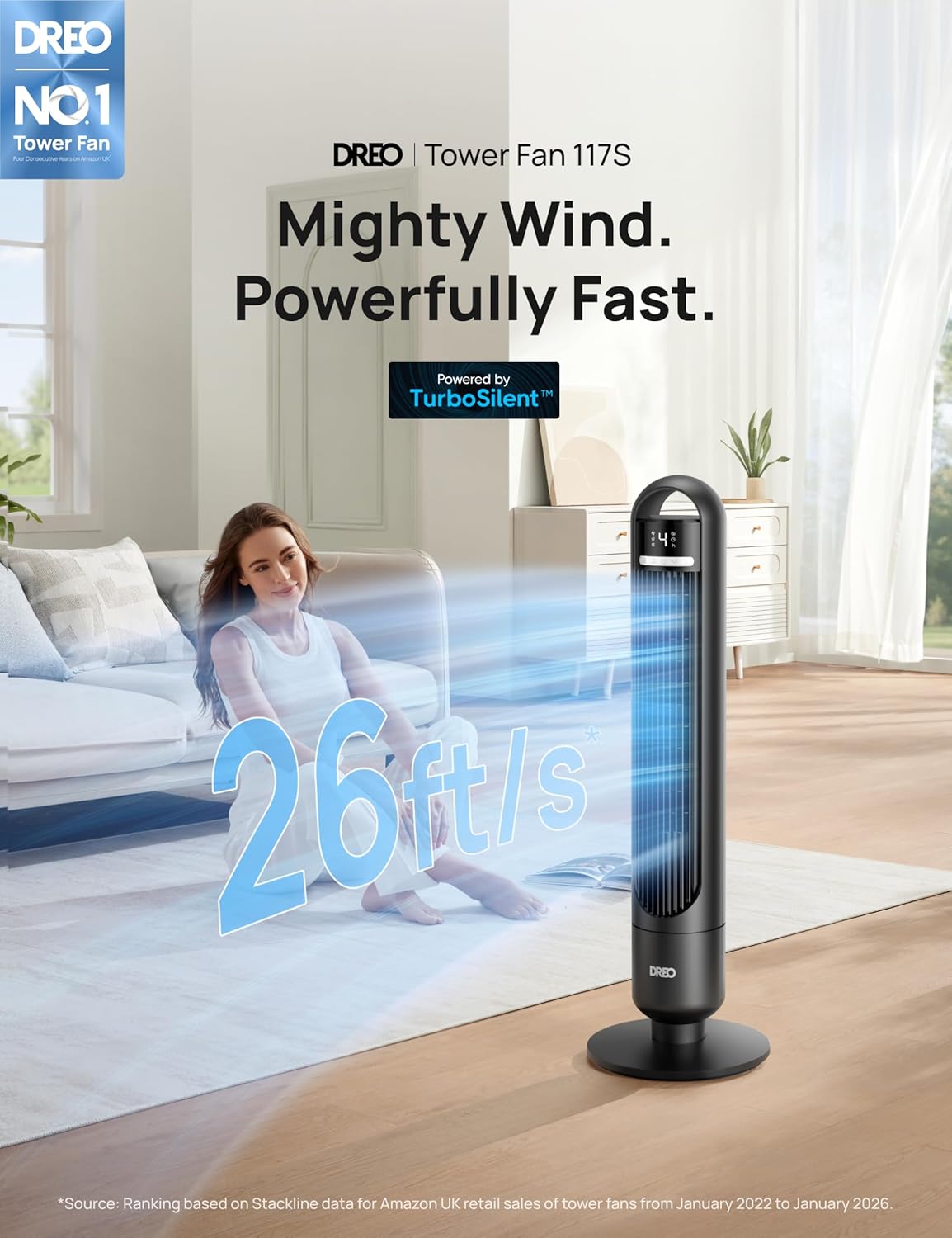 Thumbnail 2 de DREO Smart Tower Fan for Bedroom & Home – 26ft/s Airflow, 33ft Coverage, 12H App Timer