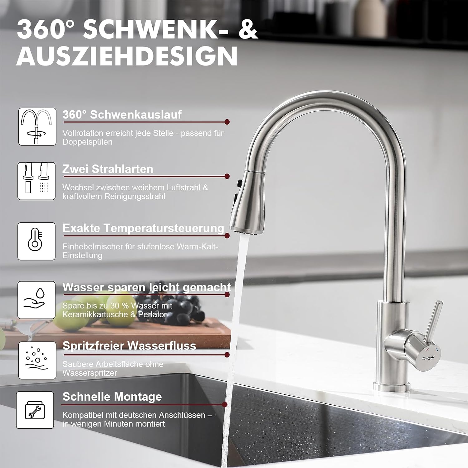 Detalle 1 de Ibergrif Ausziehbar Küchenarmatur 360° 40 cm 🚰