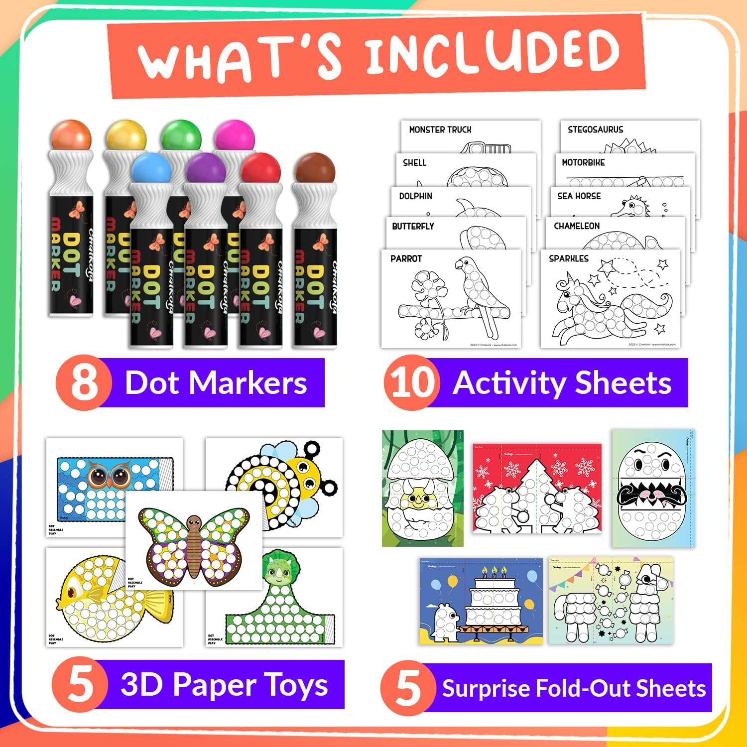 Thumbnail 1 de Chalkola 8 Washable Dot Markers for Toddlers (2-4) with 20-Page Coloring Activity Book Kit