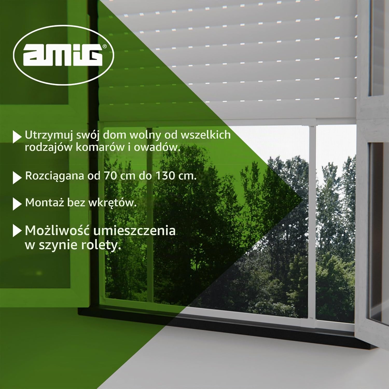 Detalle de Amig 100 x 70 cm – wysuwana moskitiera z aluminiową ramą i siatką z włókna szklanego