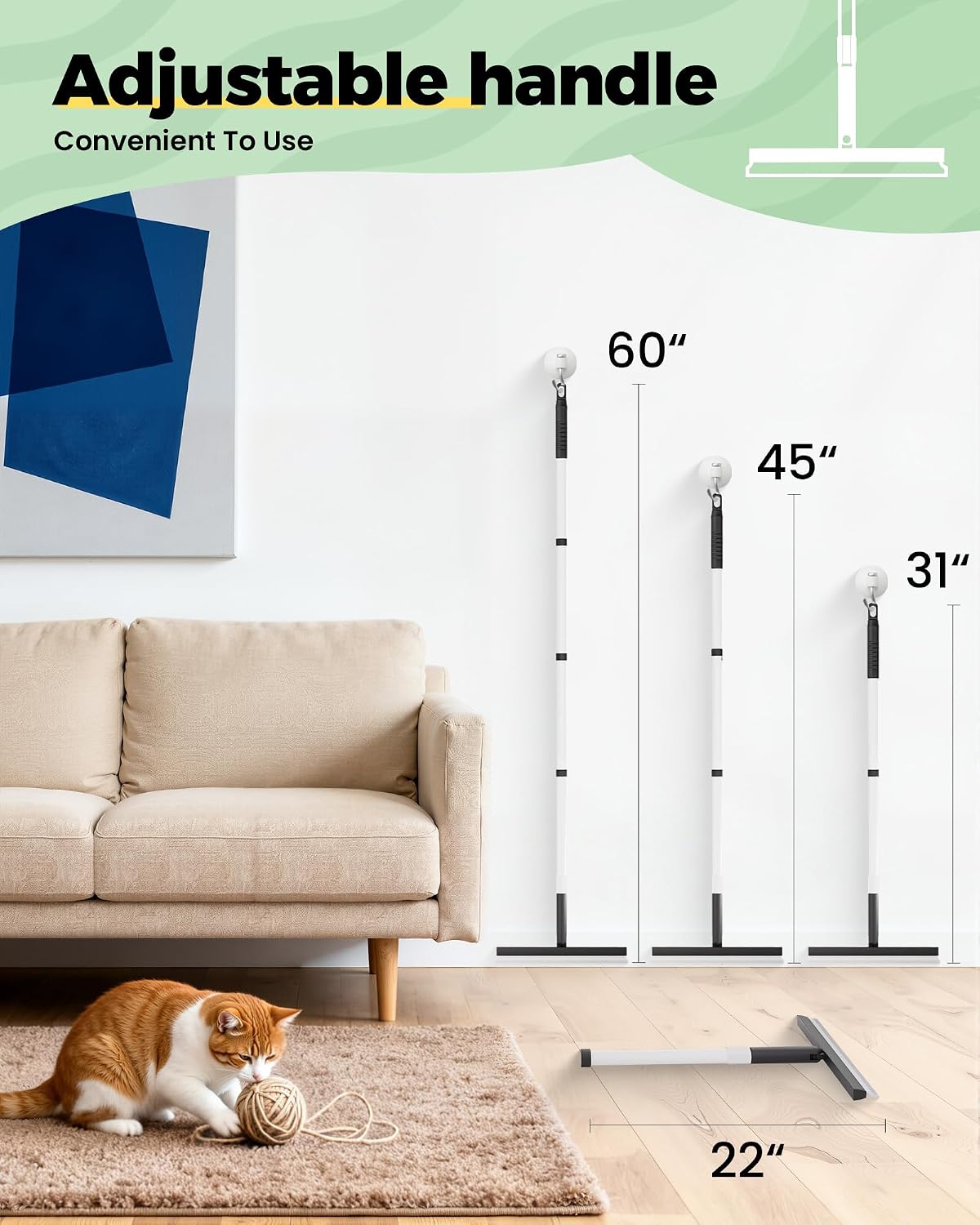 Detalle de Carpet Rake Kit for Pet Hair Removal: 4‑in‑1 Tool with 60" Adjustable Rubber Broom