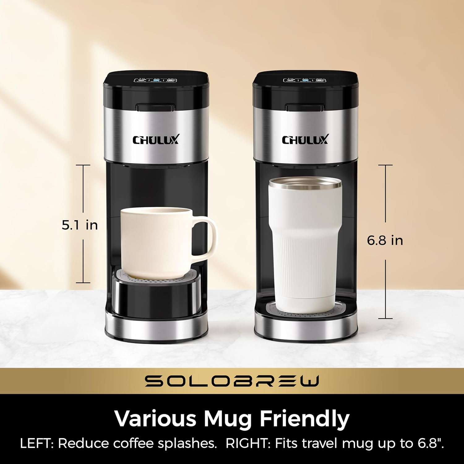 Thumbnail 6 de CHULUX SoloBrew Single Serve Coffee Maker: 3 Brew Sizes, K Cup + Ground, 1000W, Removable 14oz Reservoir