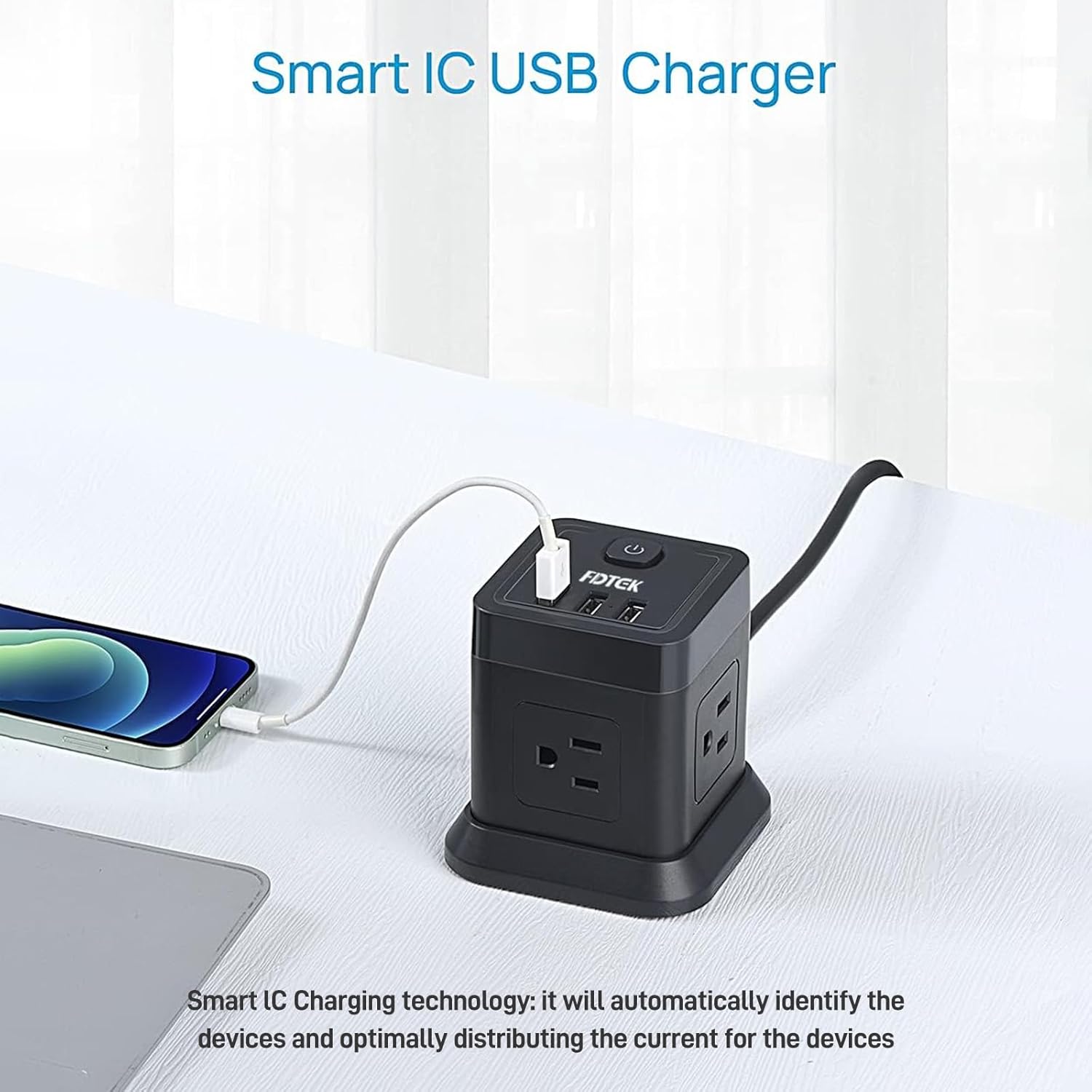 Detalle de FDTEK Flat Plug Power Strip with USB (4 AC + 3 USB), 5 ft Cube Extension Cord, Overload Protection, Black