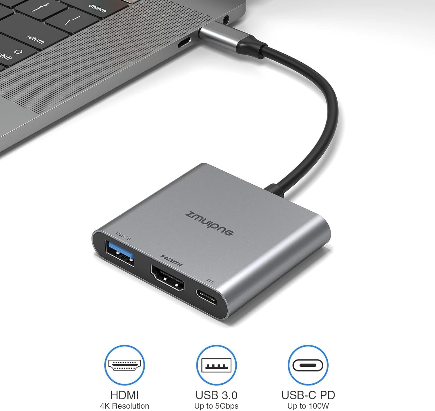 Detalle 2 de Black 3-in-1 USB-C to HDMI Adapter with 4K HDMI, USB 3.0 and 100W PD charging