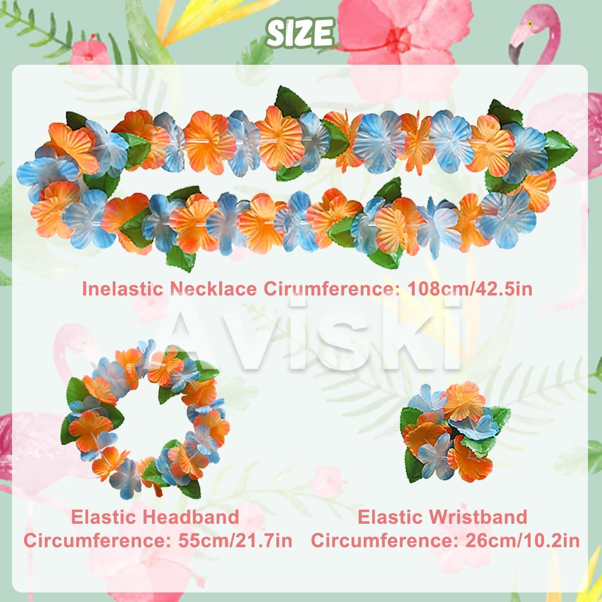 Detalle de Aviski 32-piece Hawaiian flower lei set (headbands, garland necklaces & bracelets) for tropical parties