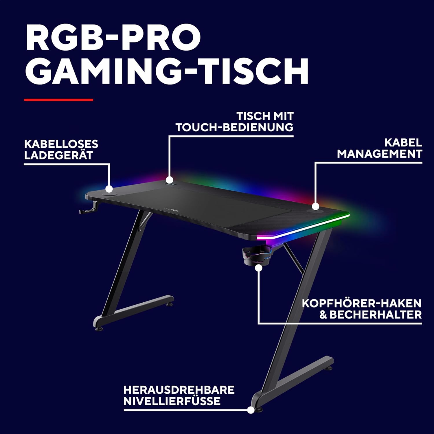 Thumbnail 2 de Trust Gaming GXT 710 Luminus Pro Gaming Tisch 120x60 mit RGB-Beleuchtung und kabelloser 10-W-Ladefläche