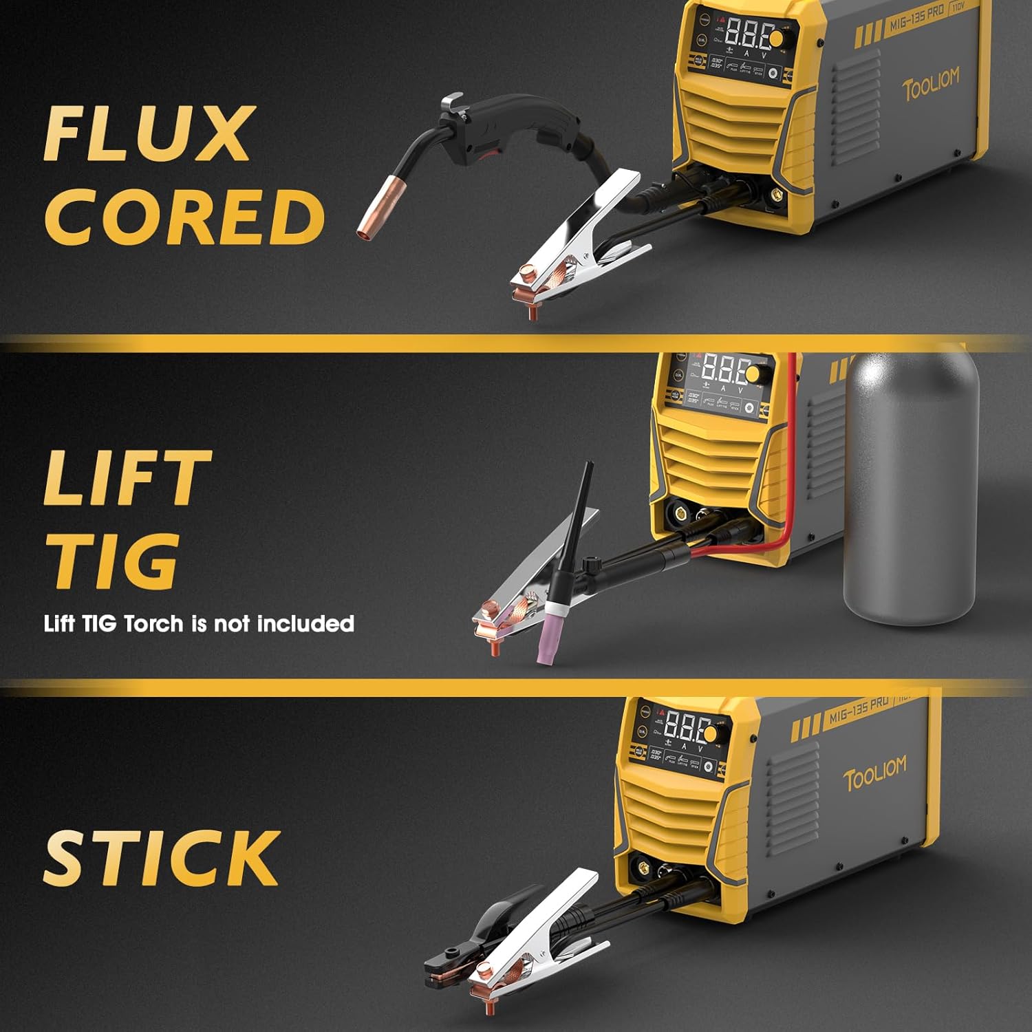 Thumbnail 1 de TOOLIOM 135A Gasless Flux Core MIG Welder 110V (3-in-1 MIG/Stick/Lift TIG) with LCD Display