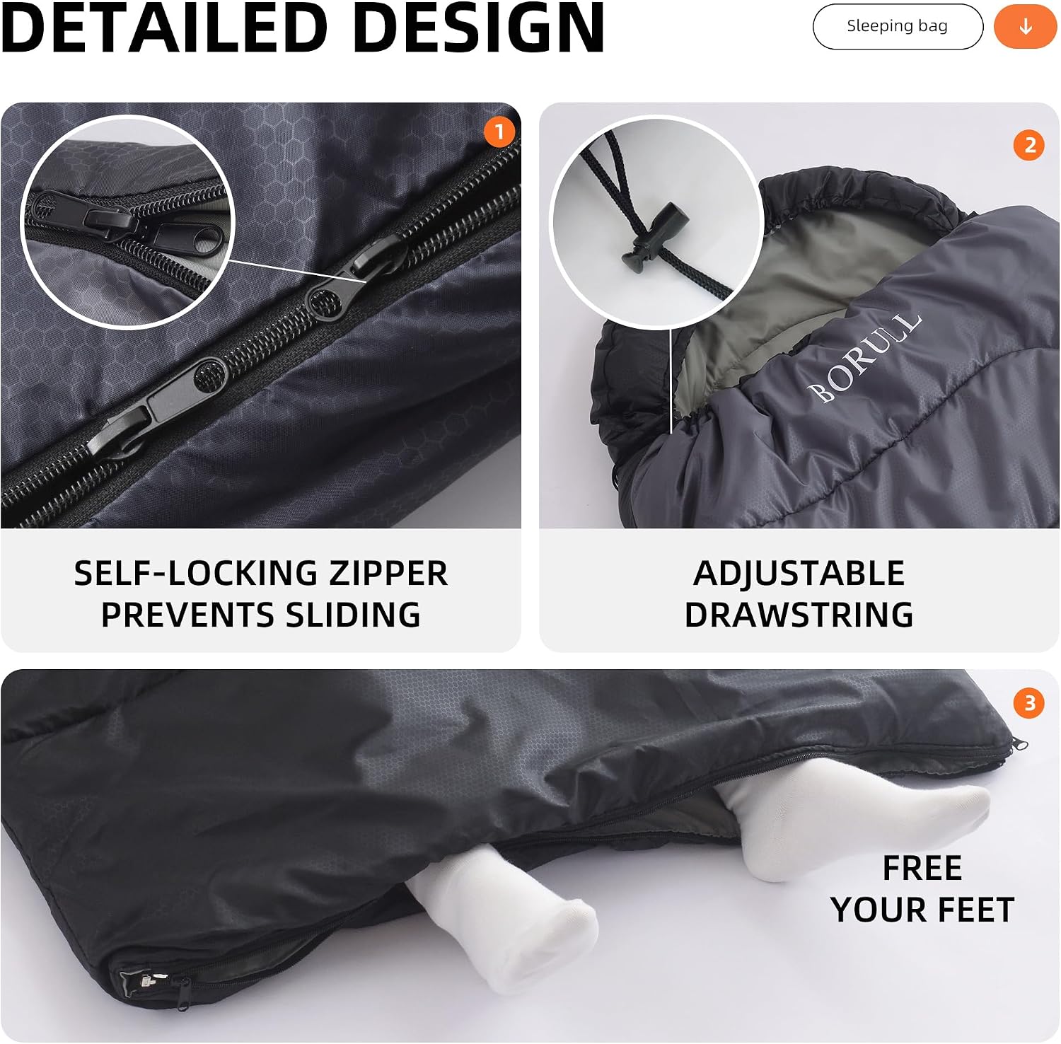 Thumbnail 5 de BORULL 3-Season Sleeping Bag, 3 lb, Compact Pack, 50–80°F Comfort Range