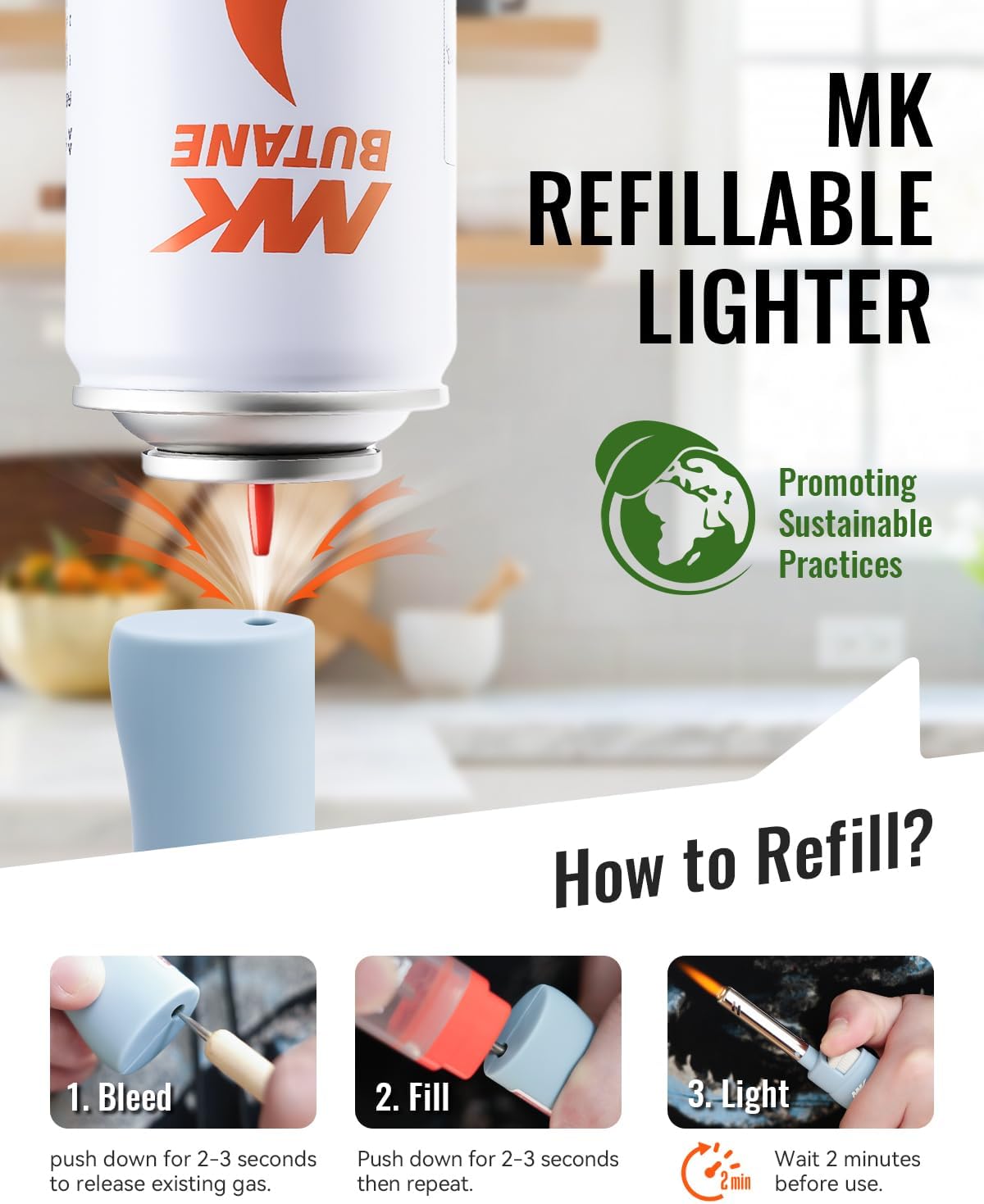 Detalle de MK LIGHTER 3BL Butane Candle Lighters, 4-Pack, Refillable Wind-Resistant Flame
