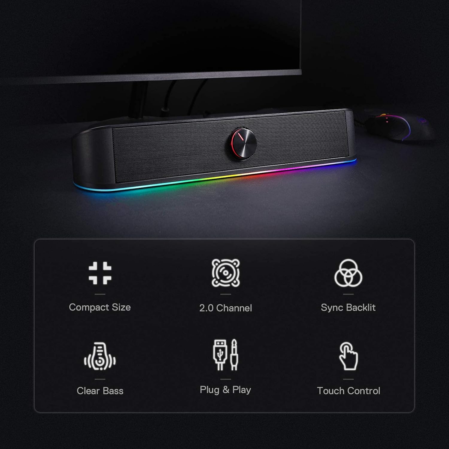 Detalle 2 de Redragon GS560 Adiemus RGB Desktop Soundbar (2.0) – USB-powered PC speaker with audio-light sync