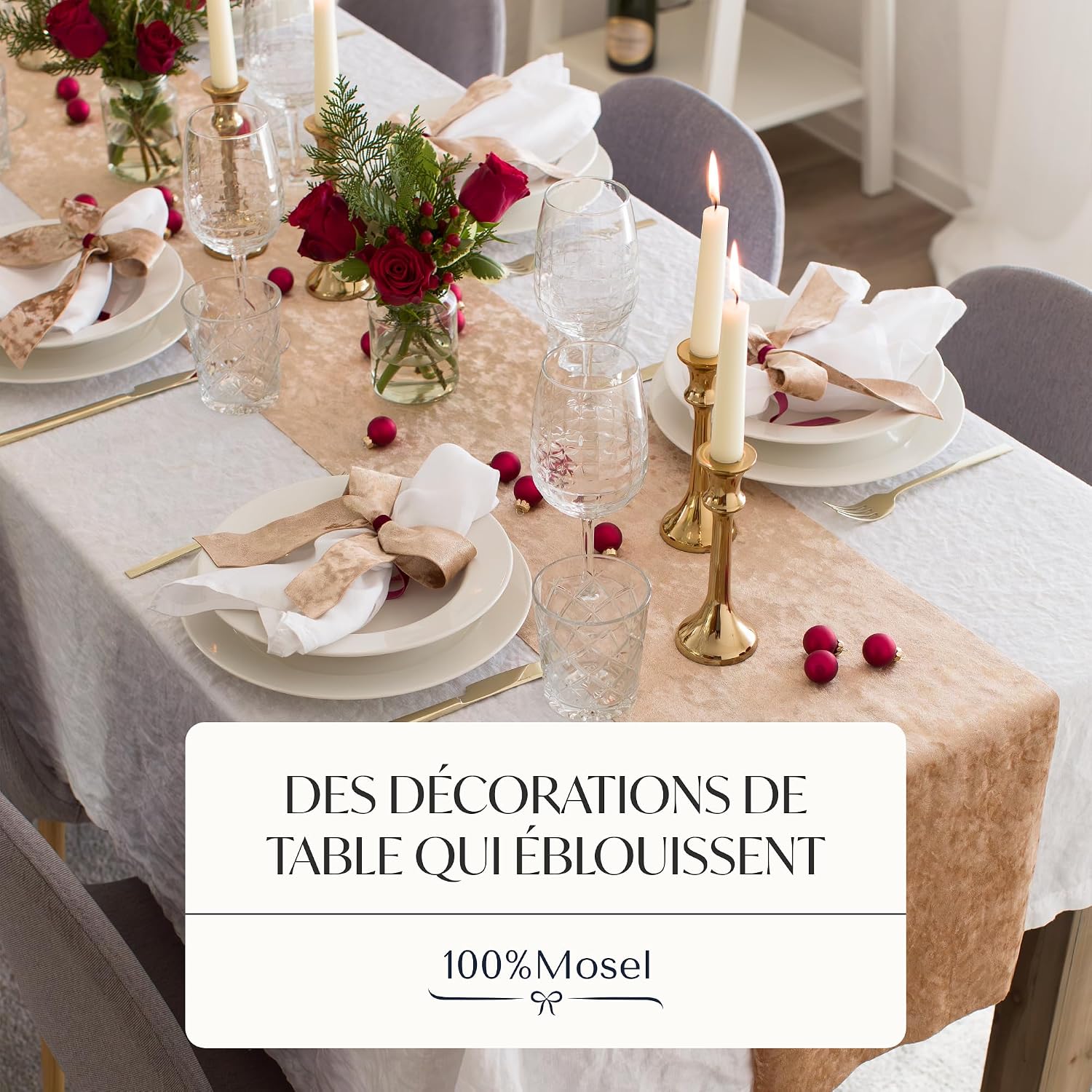 Detalle de 100%Mosel Chemin de table en velours beige doré (28 cm x 5 m) – Velours brillant pour fêtes et mariages