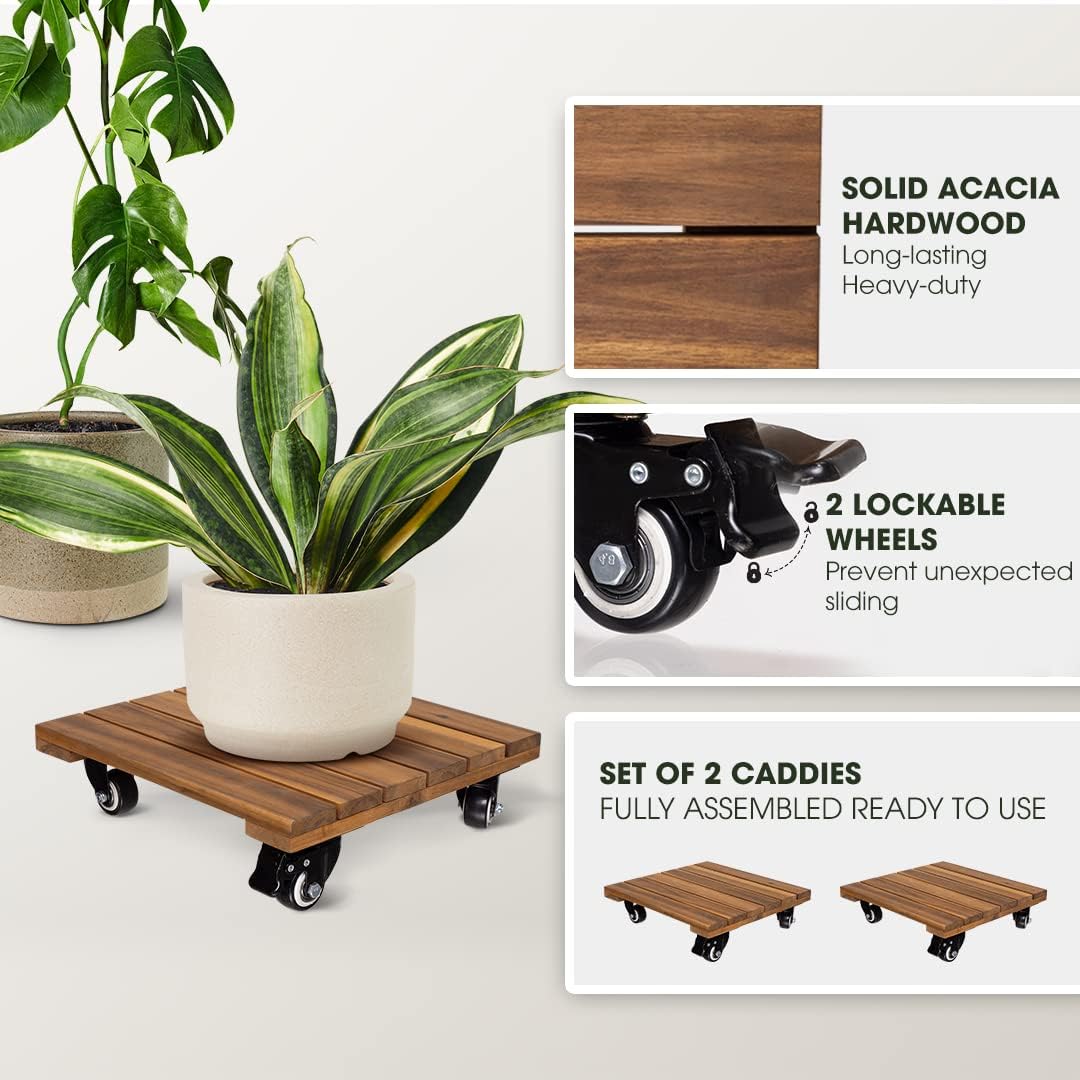 Detalle de IDZO 14-Inch Acacia Wood Plant Caddy, 2-Pack with Lockable 360° Wheels