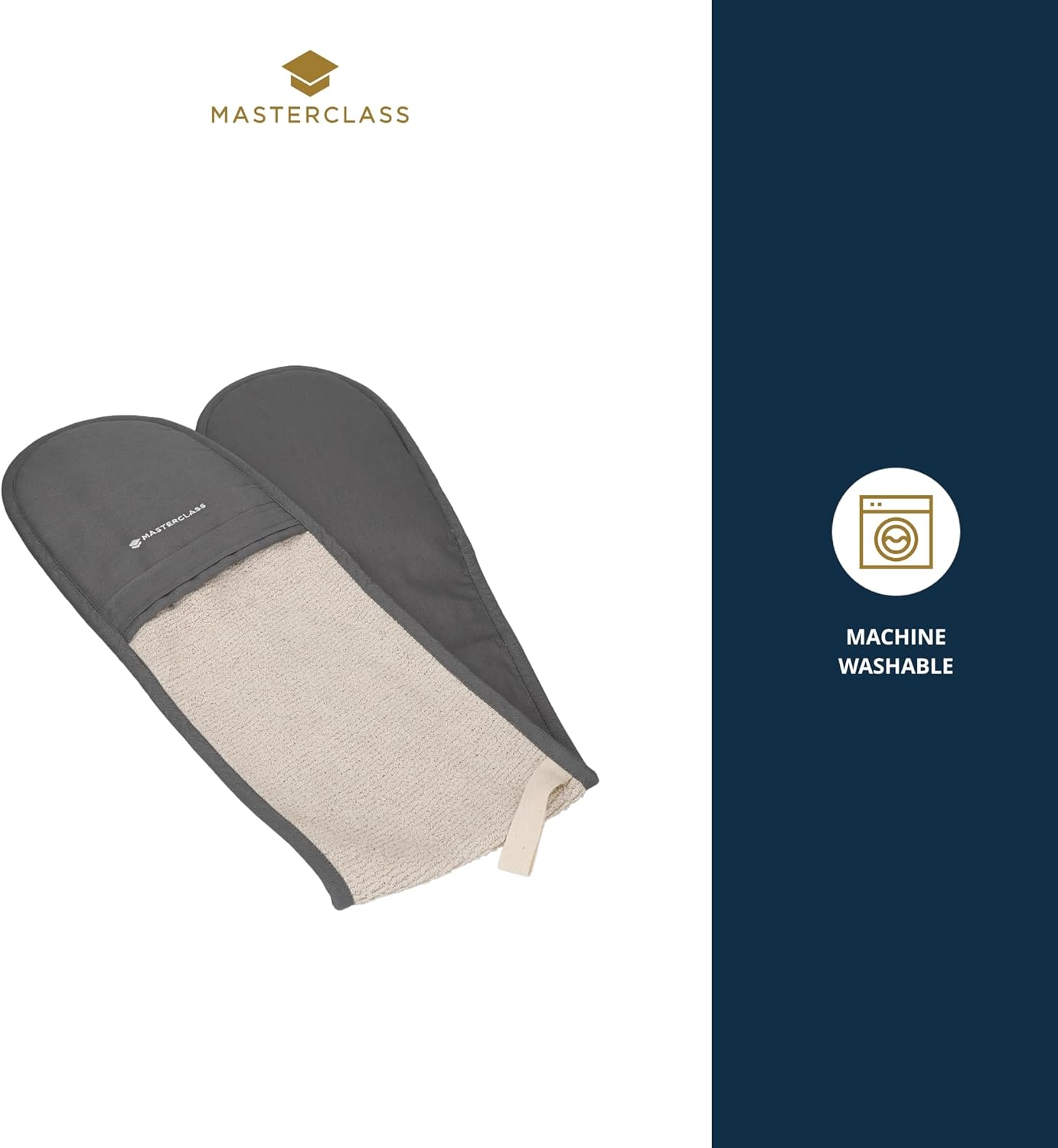 Detalle 2 de MasterClass Deluxe Guanti da forno professionali: guanti bifacciali in cotone grigio, resistenti al calore e extra lunghi