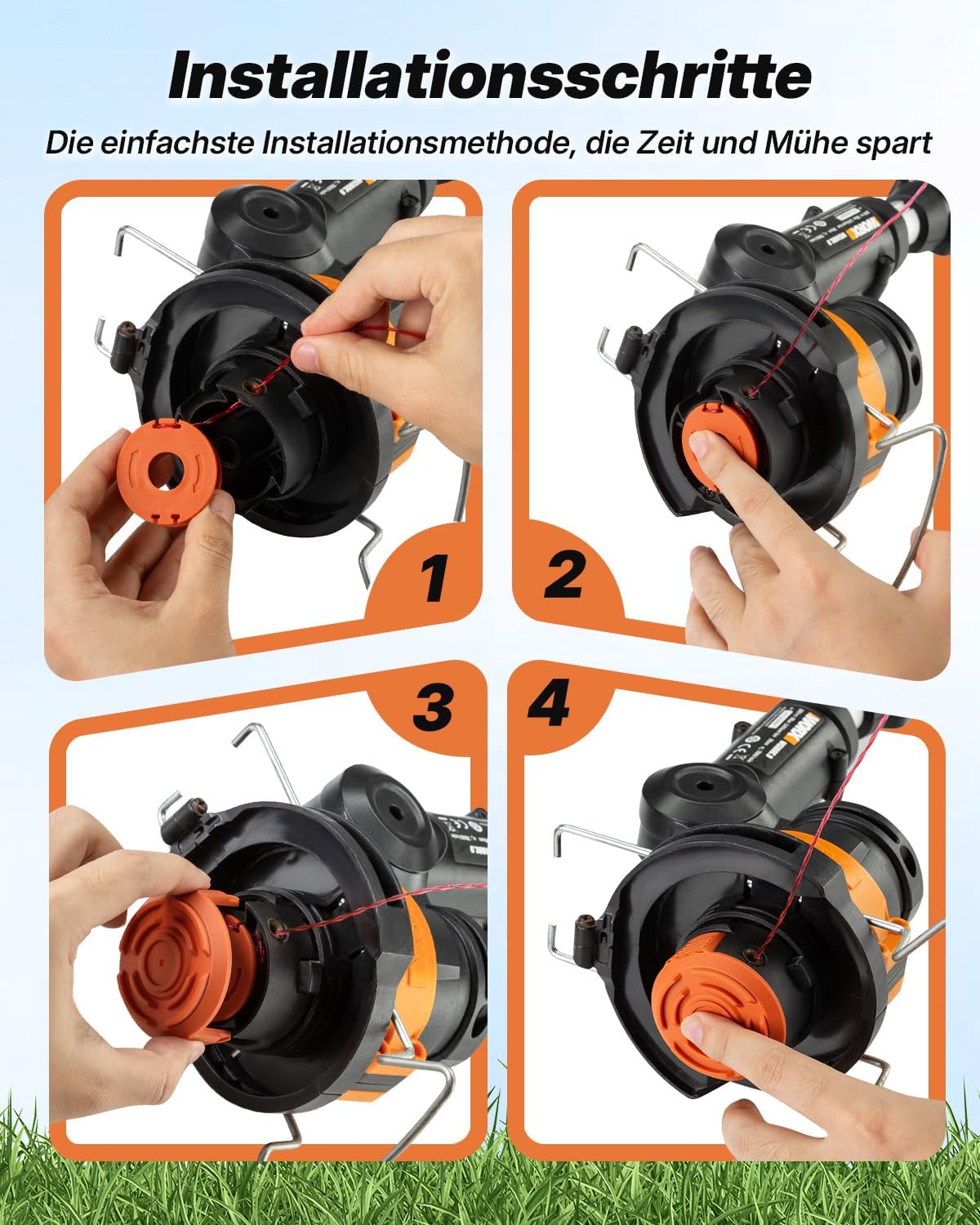 Detalle de Eventronic Ersatzspule-Set 16 Spulen + 4 Abdeckkappen – Kompatibel mit Worx Rasentrimmer (1,65 mm Durchmesser)