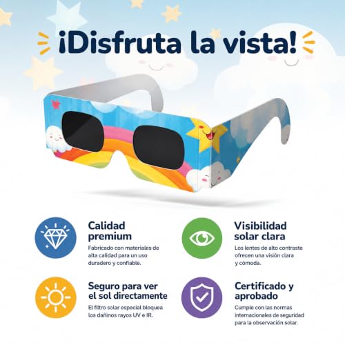Detalle de Medical King - 20 Gafas Eclipse Solar Homologadas ISO 12312-2, Paquete de 6 con 2 Lentes Fotográficos para Smartphone