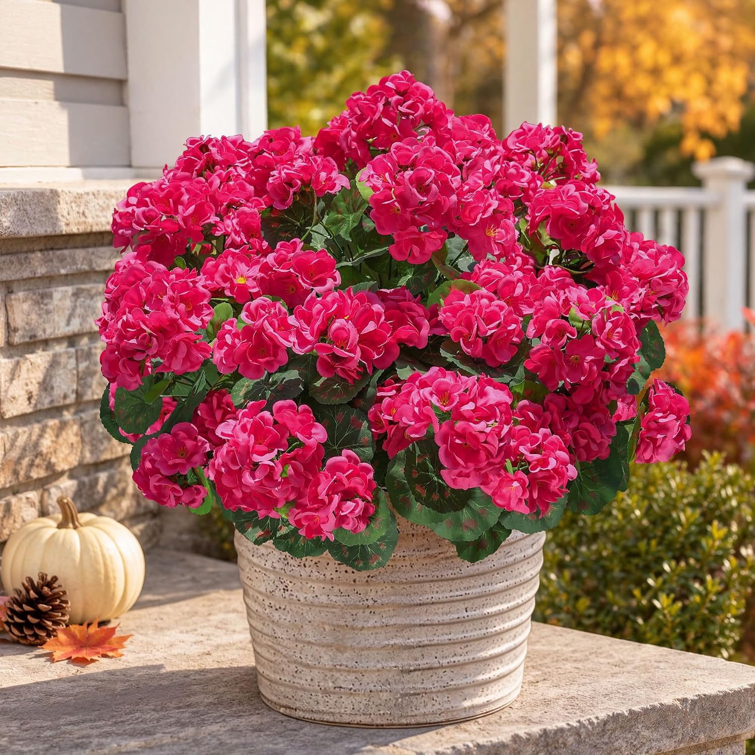 Detalle 2 de HyeFlora Artificial Geranium Fake Flowers for Outdoors Decoration (6 Bundles) — UV Resistant Silk, Hot Pink