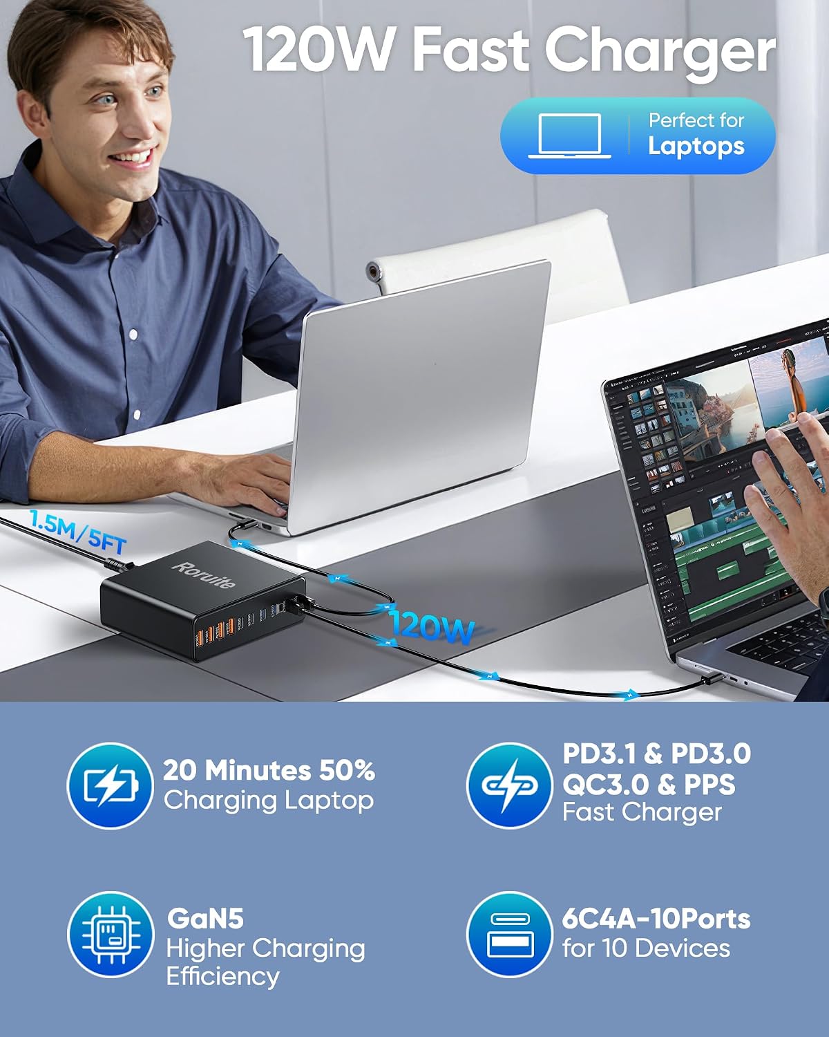 Detalle de GaN5 120W USB Charging Station 10-Port 🔌