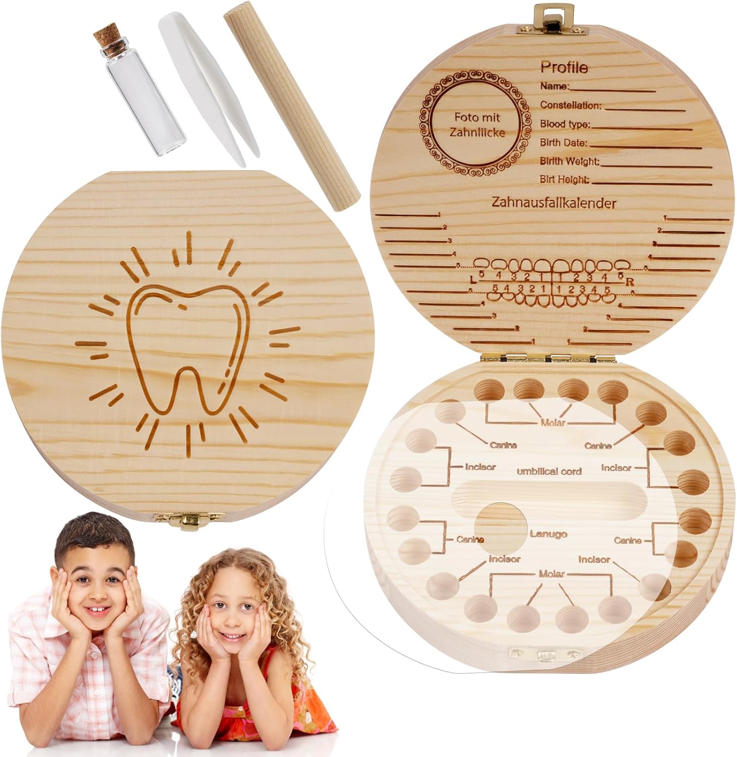 Detalle de Aolso Milchzahndose Holz – Zahnbox aus Naturholz für Milchzähne, personalisierbar mitDisplay-Funktion