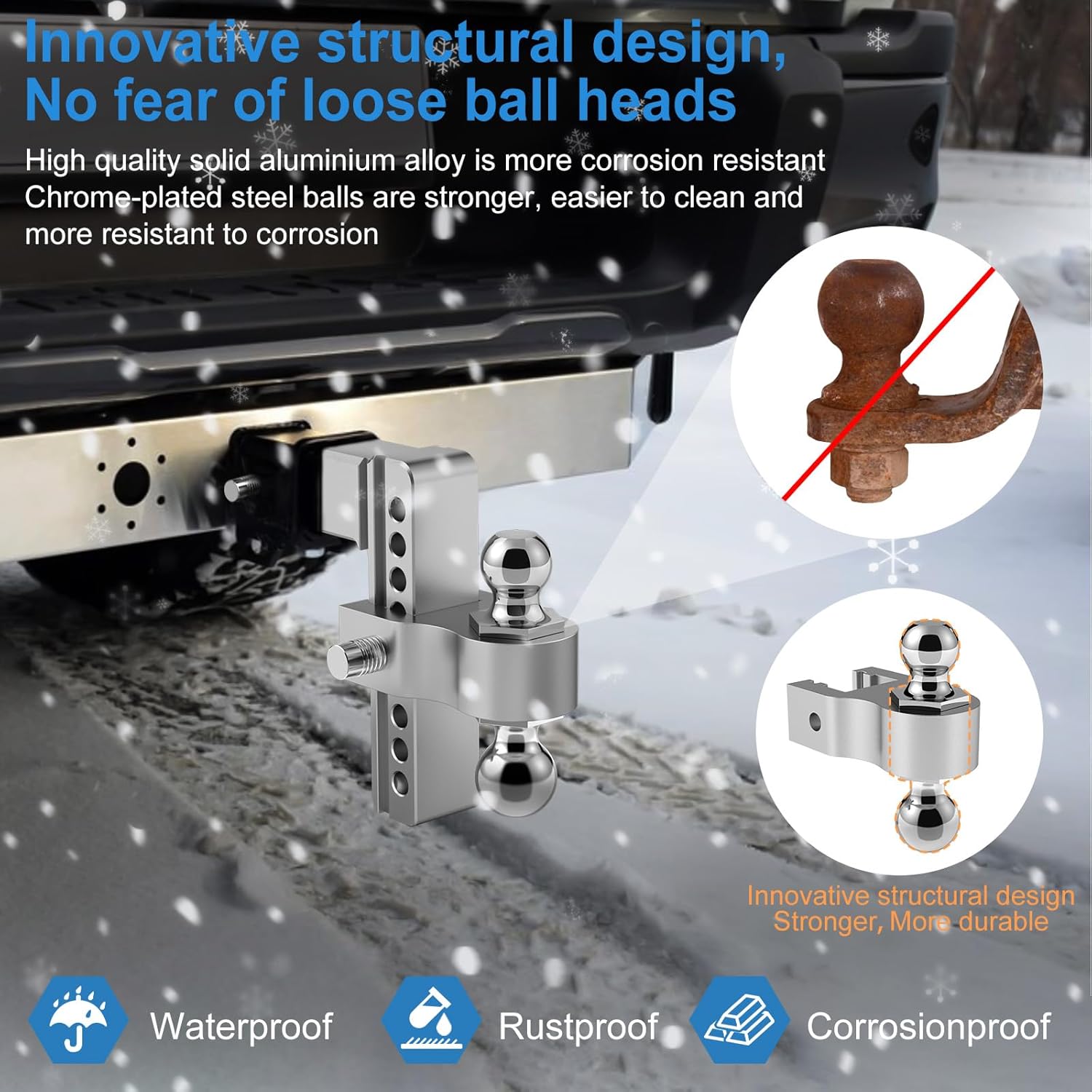 Thumbnail 2 de Vullteeon 8-Inch Adjustable Drop Hitch Ball Mount for 2.5-Inch Receiver with Dual 2" & 2-5/16" Chrome Balls (18,500 LBS GTW) & Anti-Theft Pins