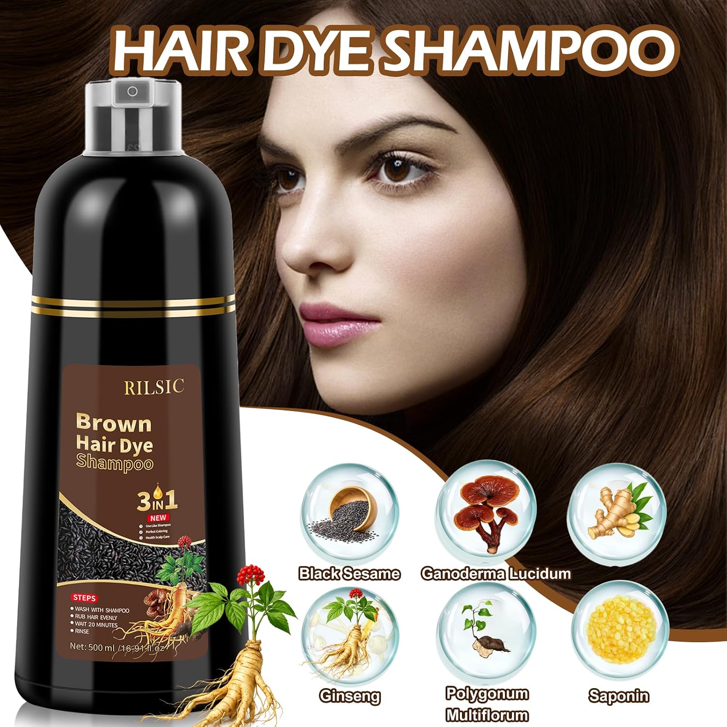 Detalle de Haarfärbeshampoo (3-in-1) Hellbraun – 500 ml für graues Haar und Bart