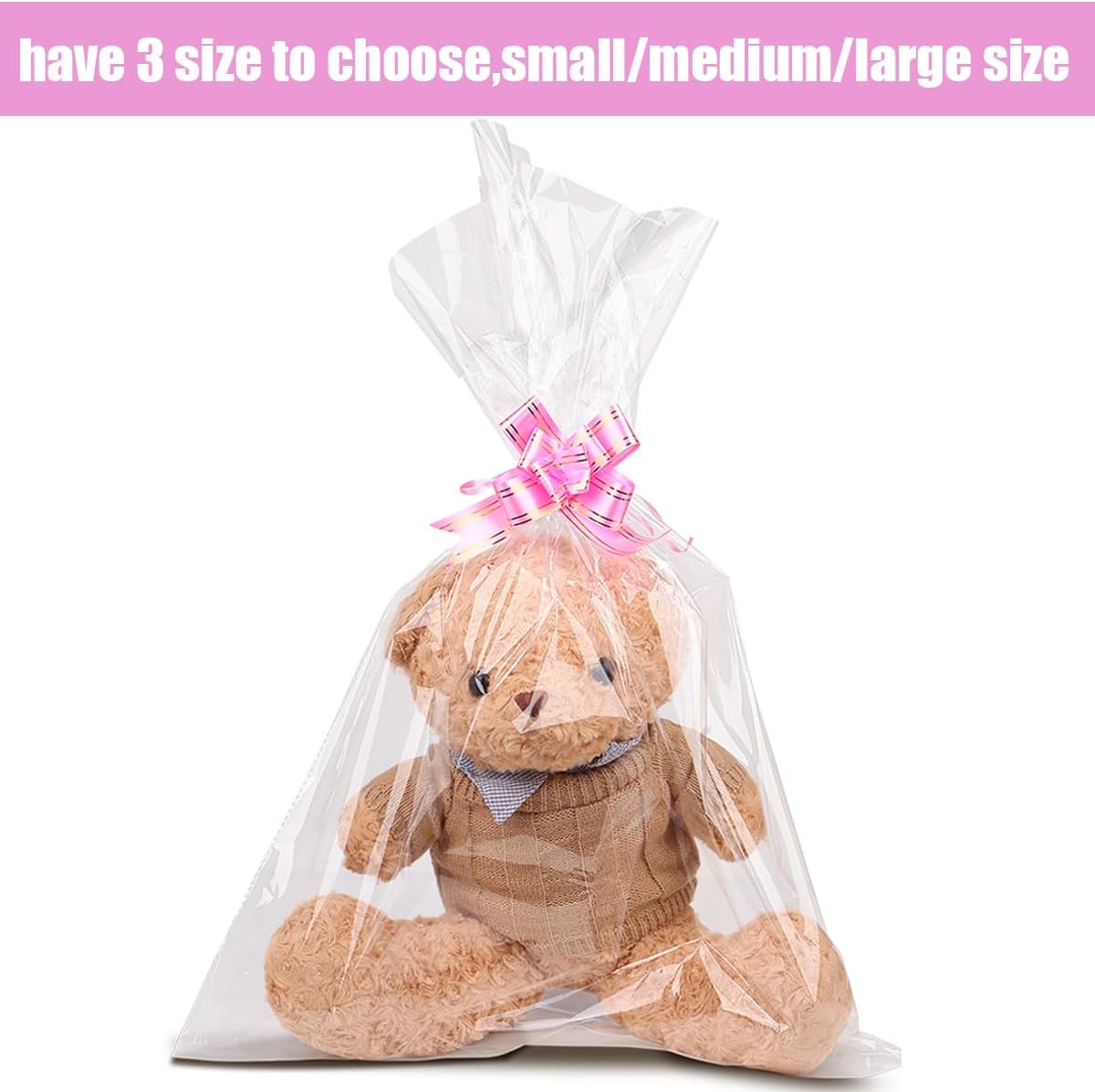 Detalle 2 de 12 large clear cellophane hamper bags (50 x 70cm) with 12 pull bows – Christmas, Easter, Valentine’s and more