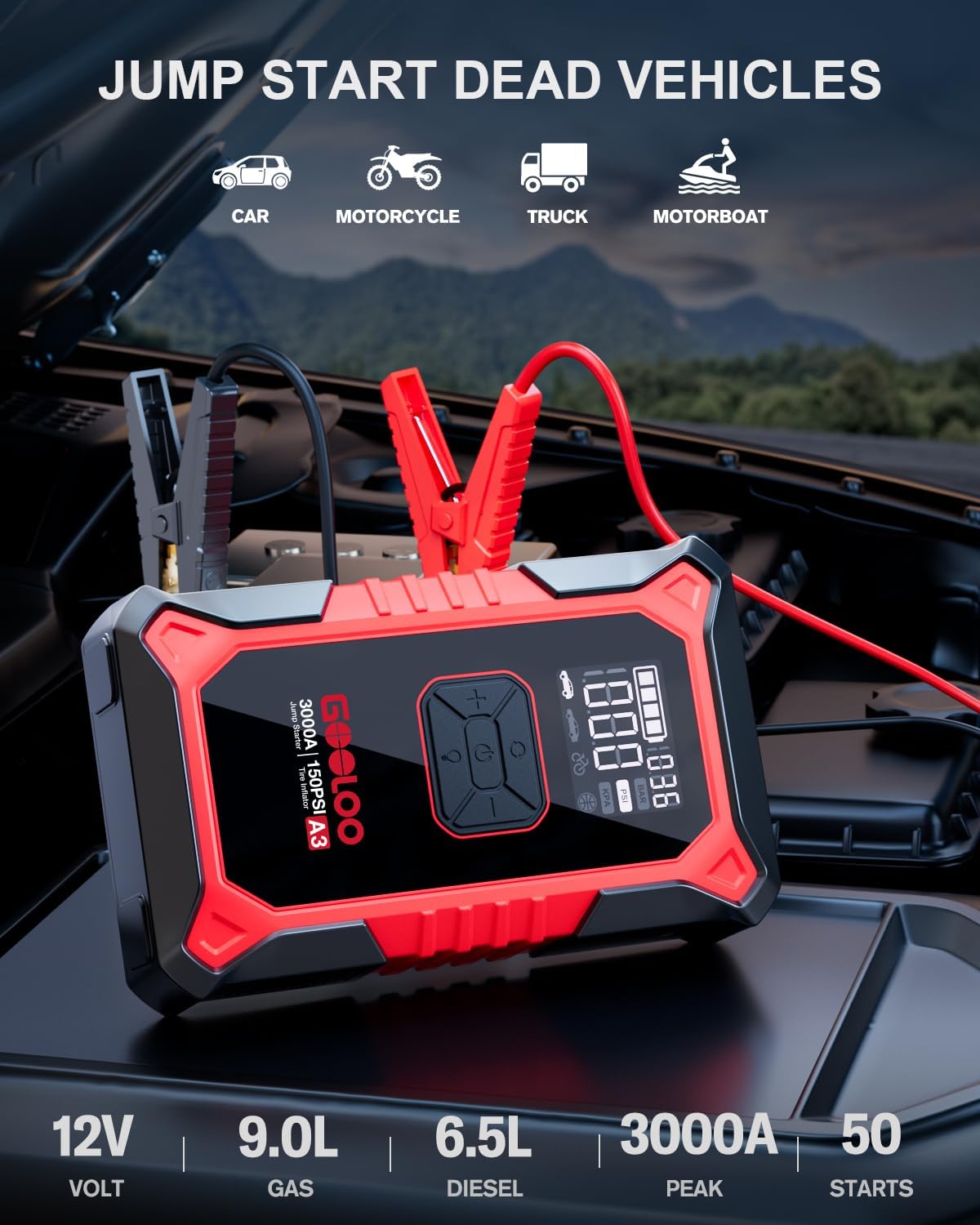 Detalle 2 de GOOLOO A3 Jump Starter with Air Compressor 3000A