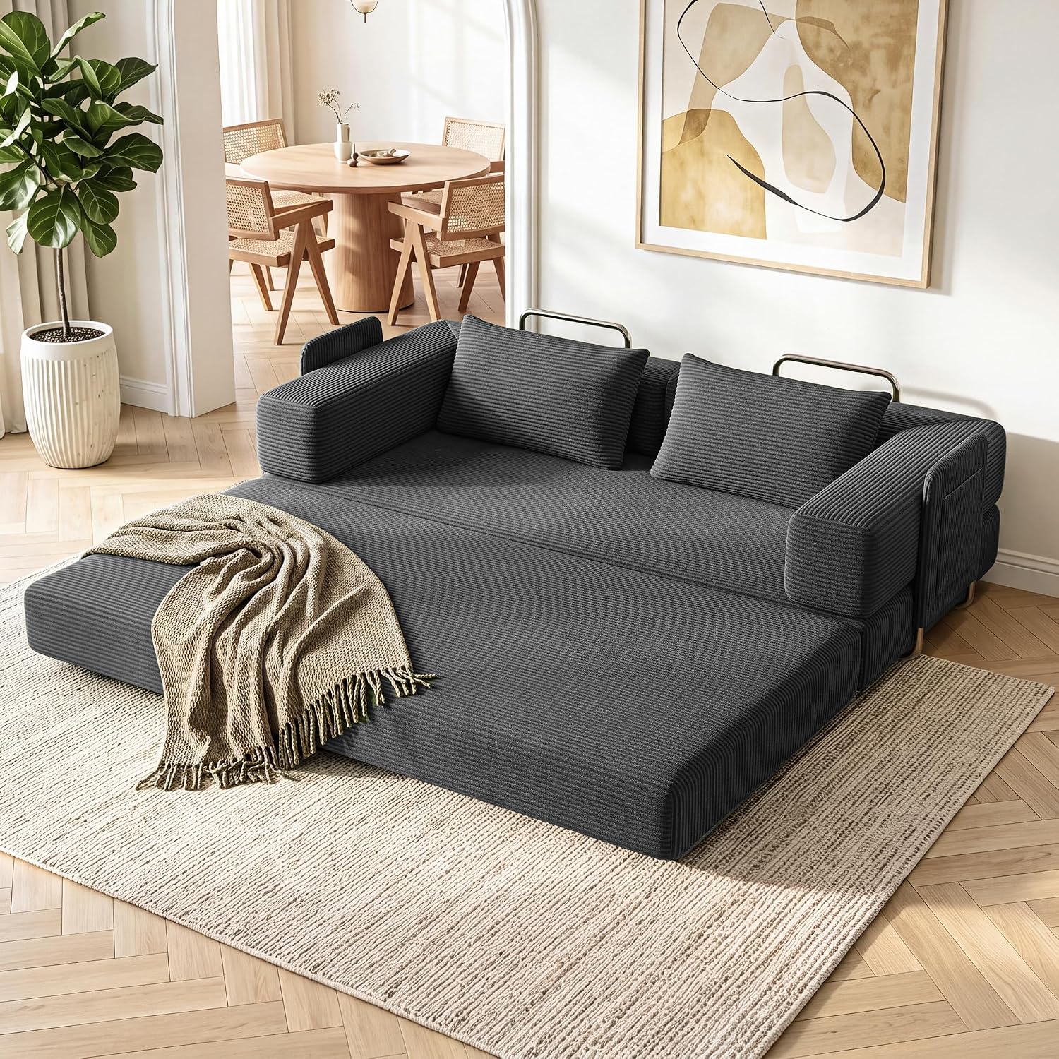 Detalle de GRUSIGN SF-CYL 78-Inch Convertible Futon Sofa Bed, Dark Gray Corduroy