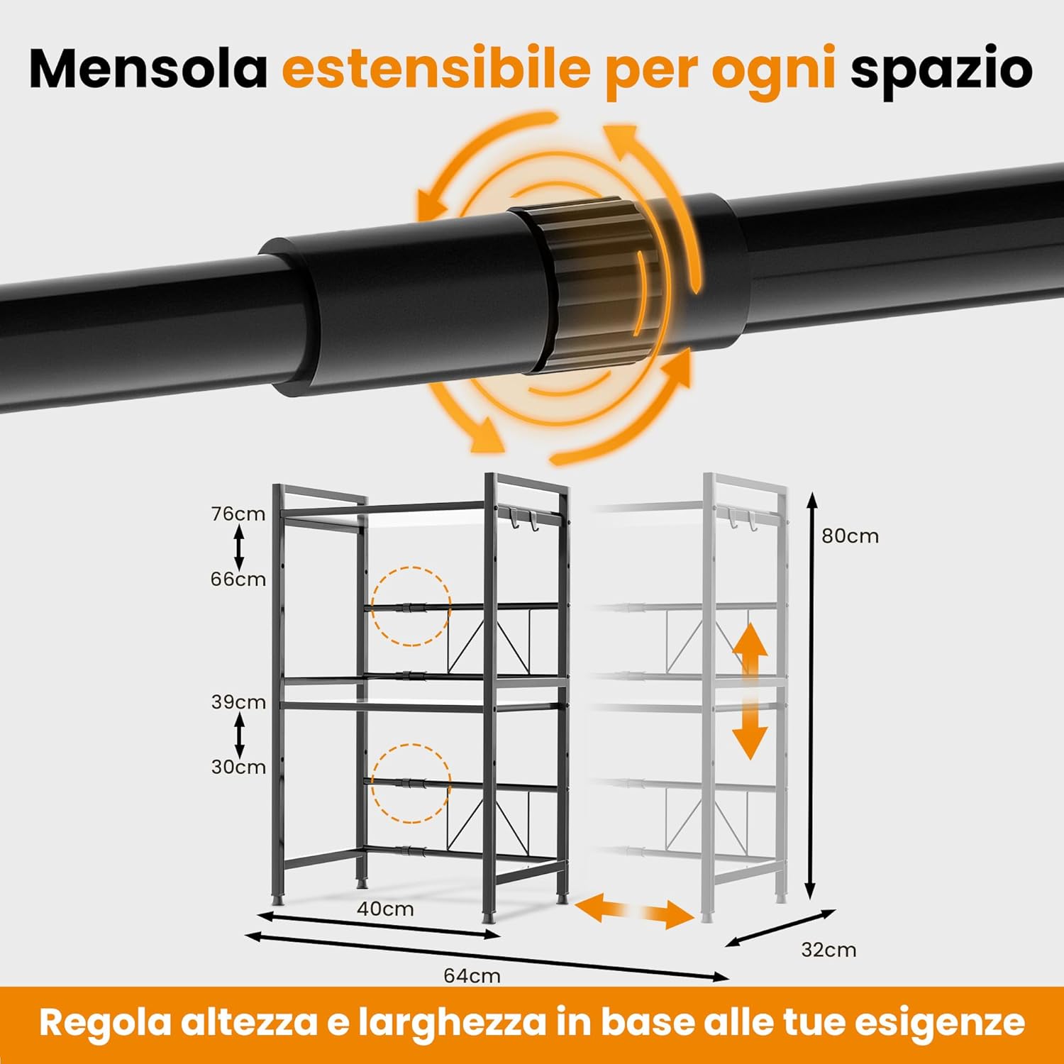Thumbnail 1 de Heldenwunder Mensola mobile per cucina salvaspazio in acciaio con 3 ripiani, supporto microonde regolabile e ganci - nero