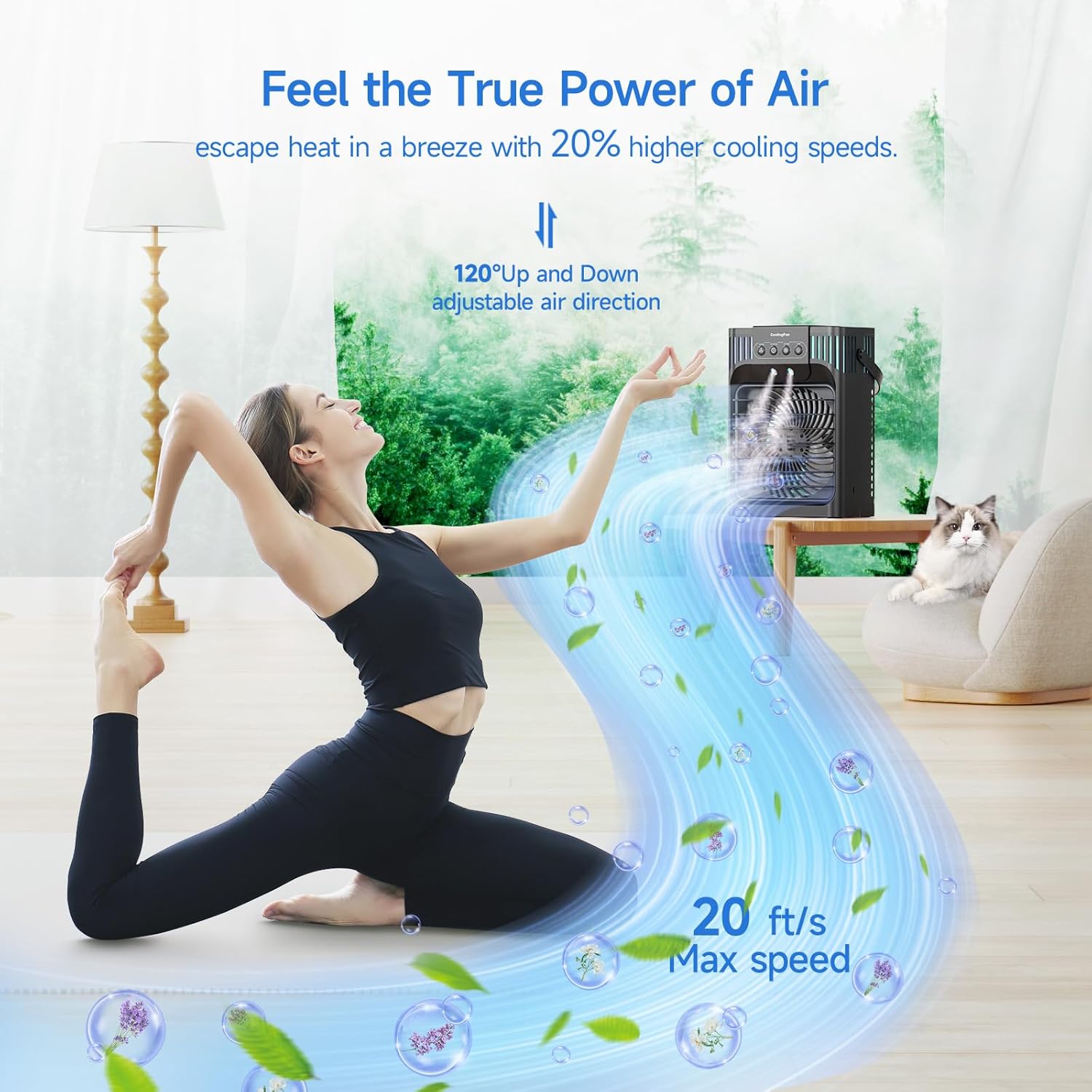 Detalle de Portable Air Conditioner Cooling Fan with Remote – 1200ml Mini Cooler, 3 Speed Settings, Mist Function and LED Night Light