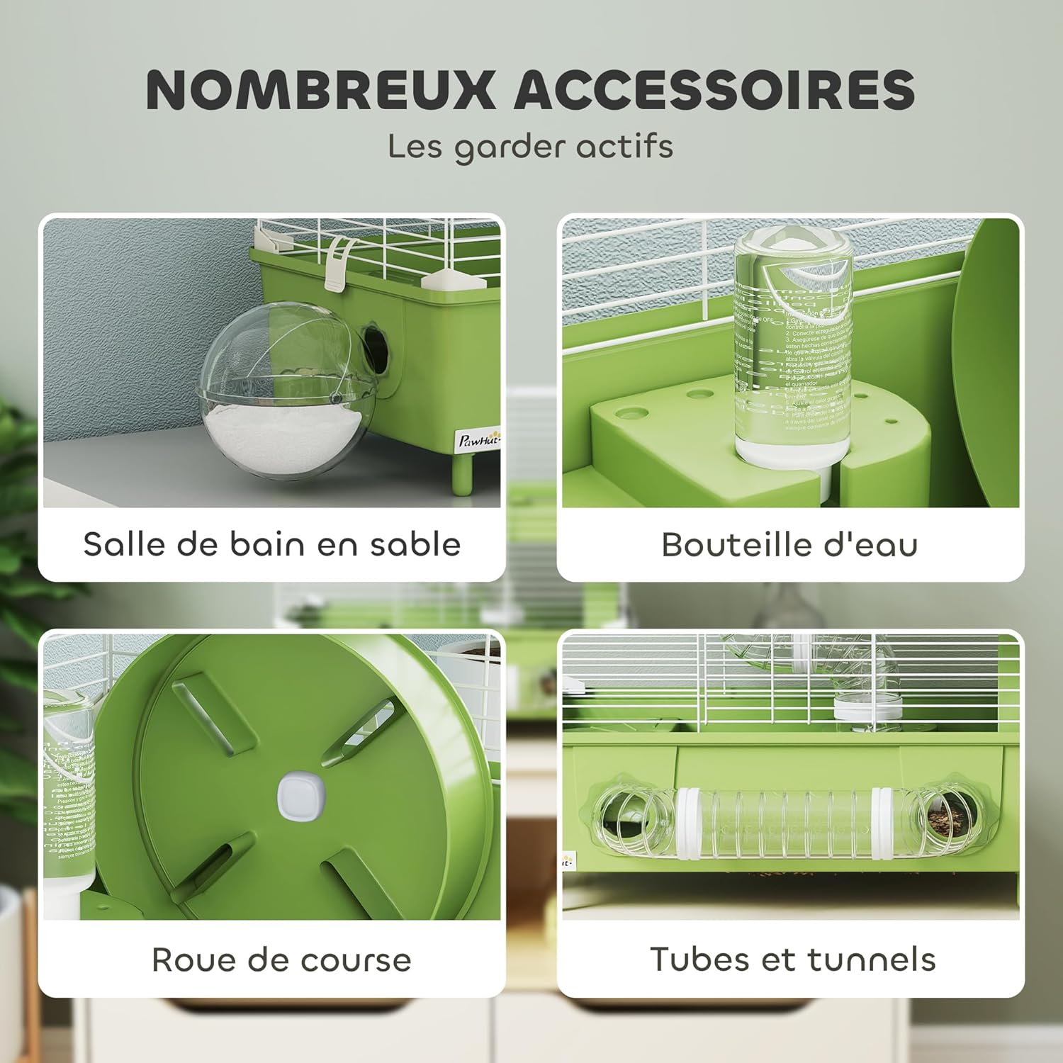 Detalle 2 de PawHut Cage pour Hamster à 2 Niveaux avec roue de course et salle de bain en sable, 44,5 x 28 x 44 cm, vert
