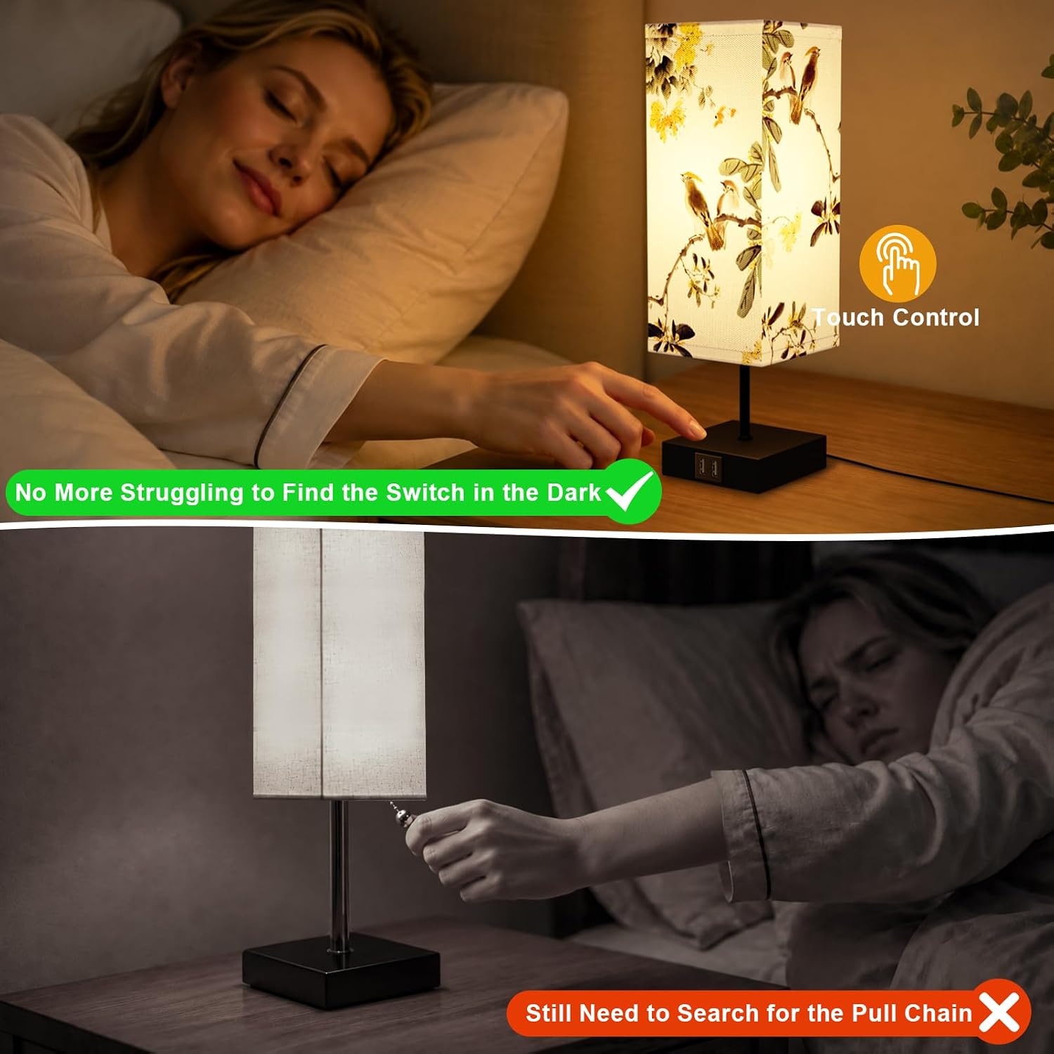 Detalle de Yeeklab lampe chevet tafellamp met touchscreen, 2 USB-poorten en 3 lichtkleuren