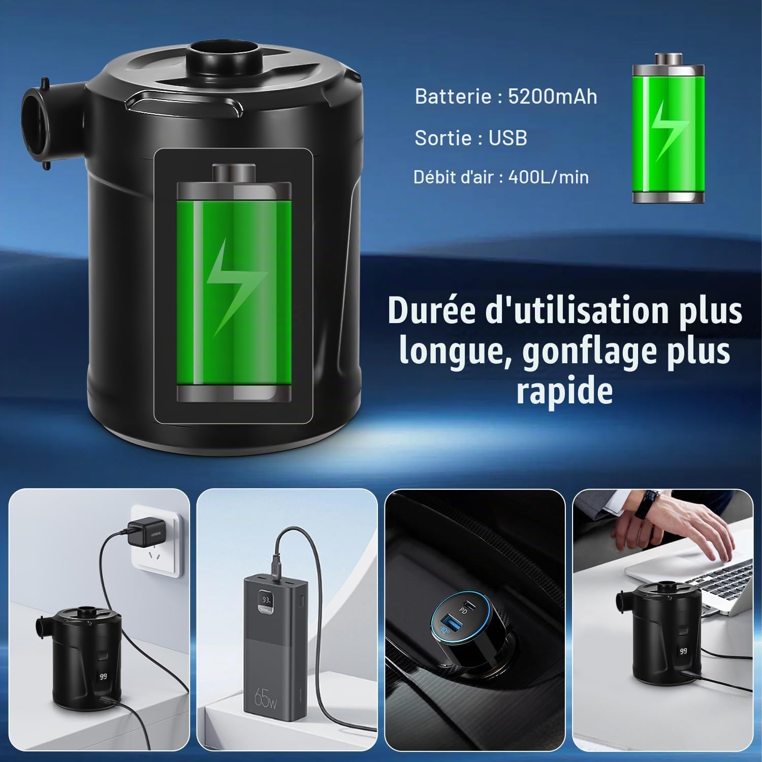 Detalle 2 de Azyvum Pompe à air électrique draadloze luchtpomp, 5200 mAh en 3 mondstukken