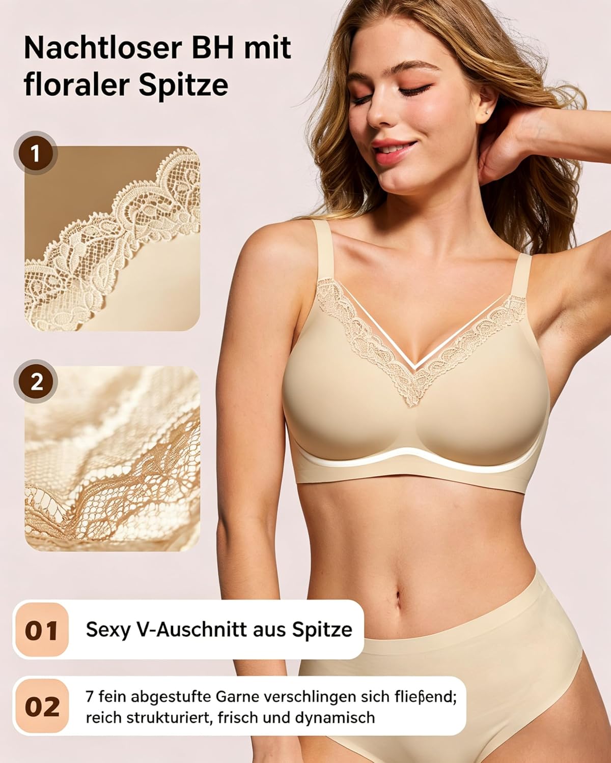 Thumbnail 1 de HORISUN BH Damen ohne Bügel mit V-Ausschnitt und Spitzenbesatz – nahtloser Komfort für Alltag und besondere Anlässe