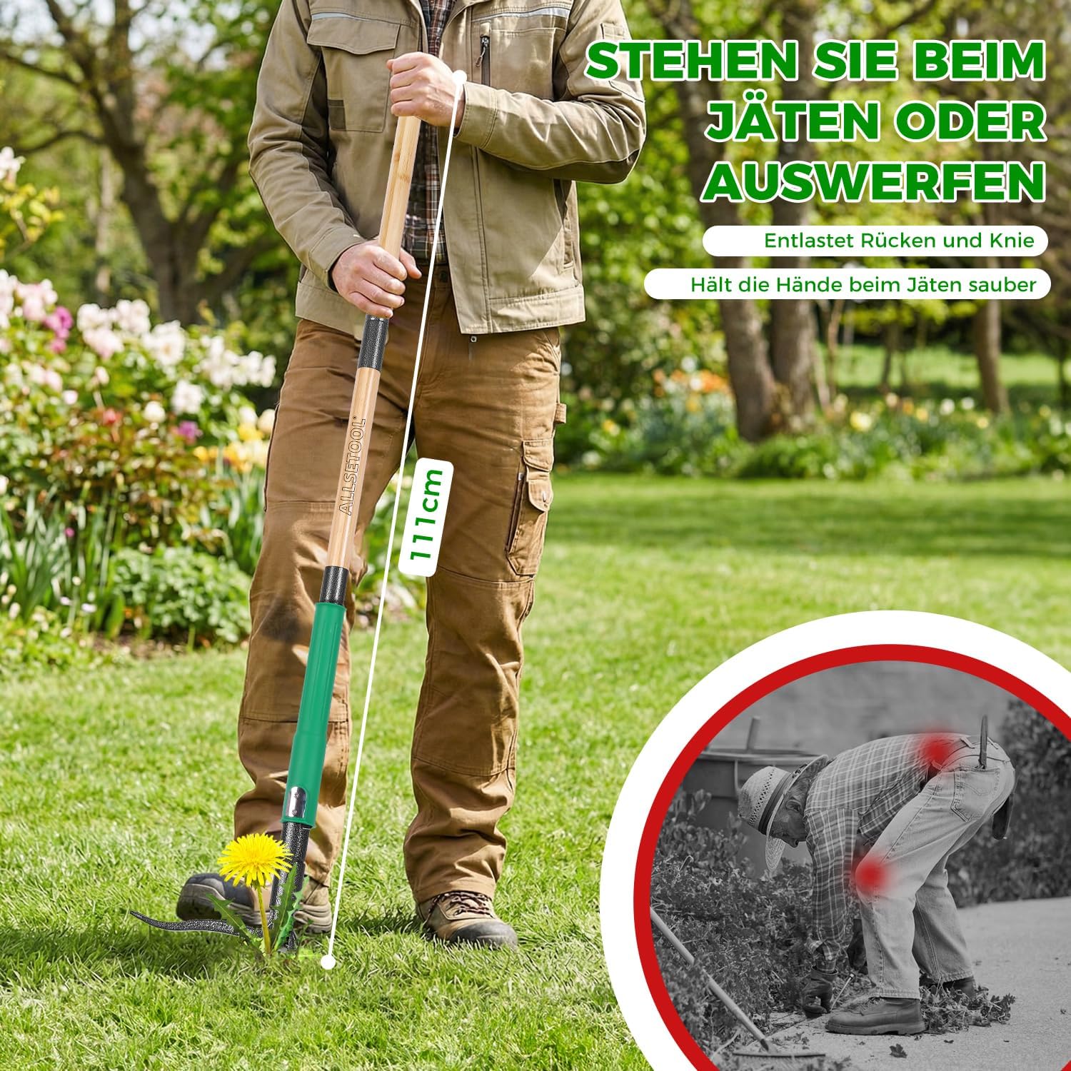 Thumbnail 4 de Allsetool Unkrautstecher mit 111 cm Stiel, 2 Auswurffunktionen und Bambusgriff