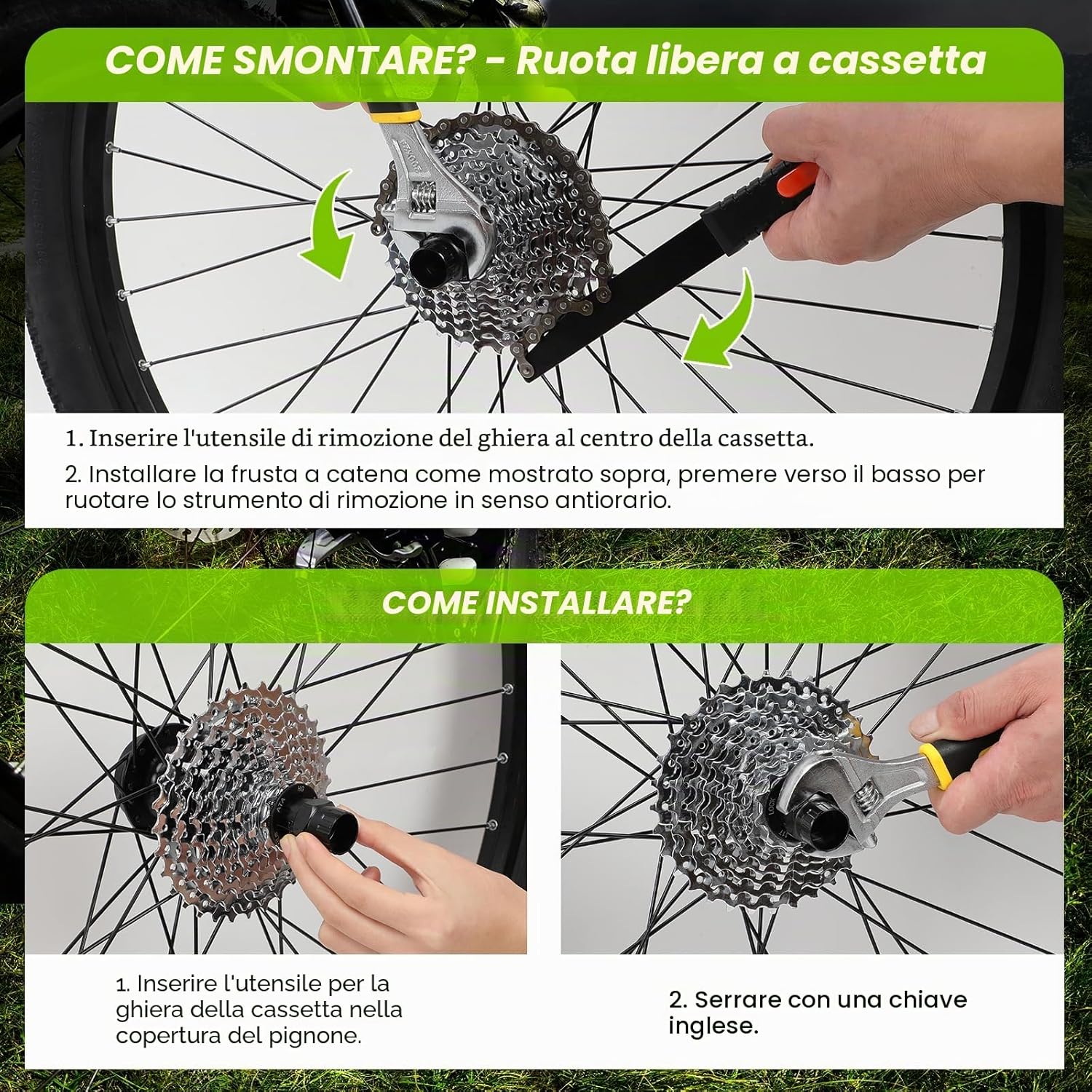 Detalle de Fengzio Kit Attrezzi Bici 2 in 1: chiave per cassetta e ruota libera + frusta catena per rimozione/attacco