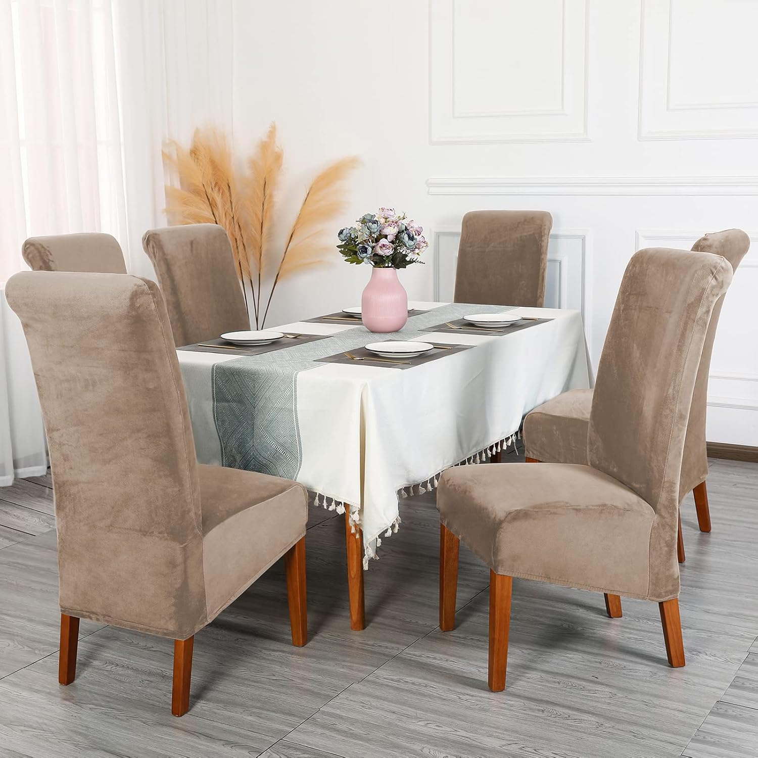 Thumbnail 1 de CMAKER Velvet Dining Chair Covers – Stretch Large Chair Slipcover, XL Camel, Set of 6